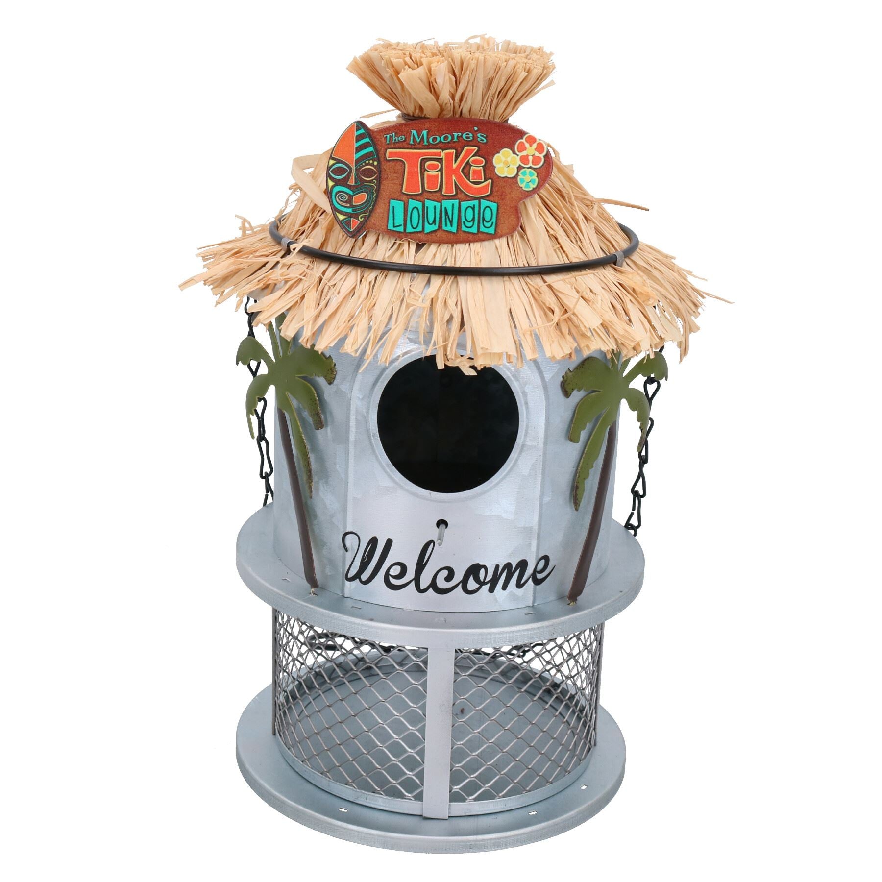 Funky Metall Silber Tiki Bar Vogelfutterstation Samen Nüsse Wildvogel Garten Dekor 14x25cm