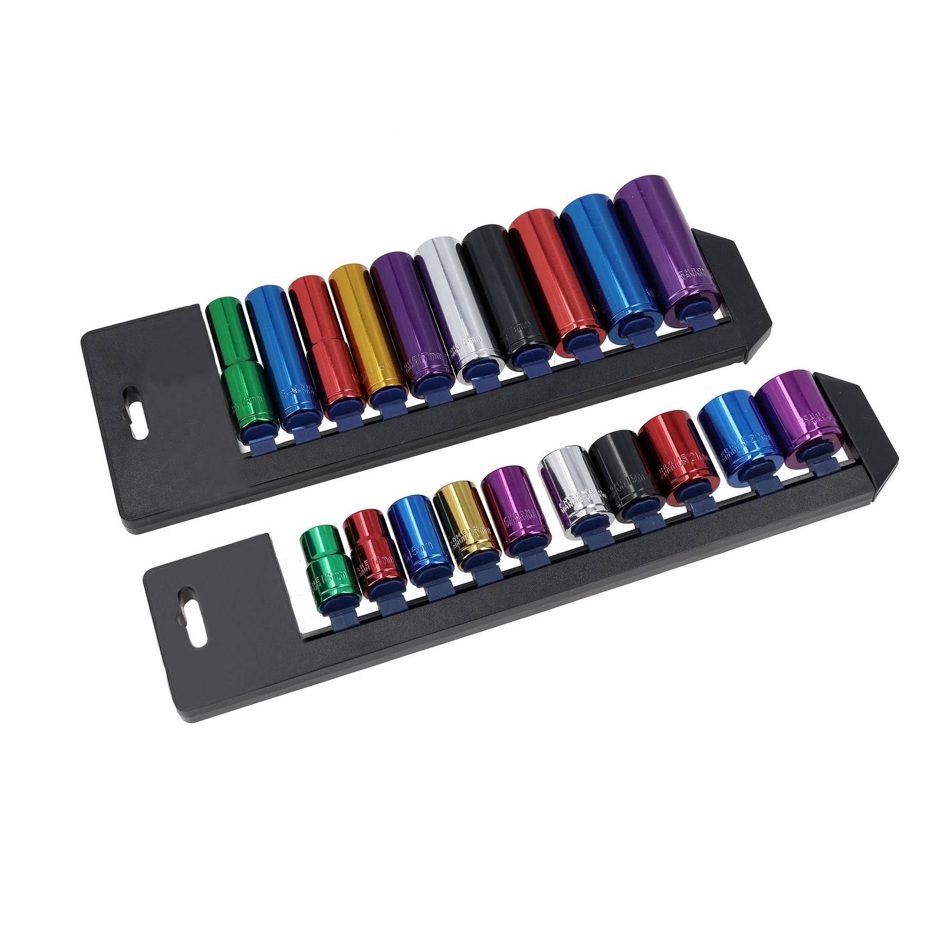 Metrischer MM 1/2"-Antrieb, flache + tiefe, farbkodierte Steckschlüsseleinsätze, 13–24 mm, 20 Stück