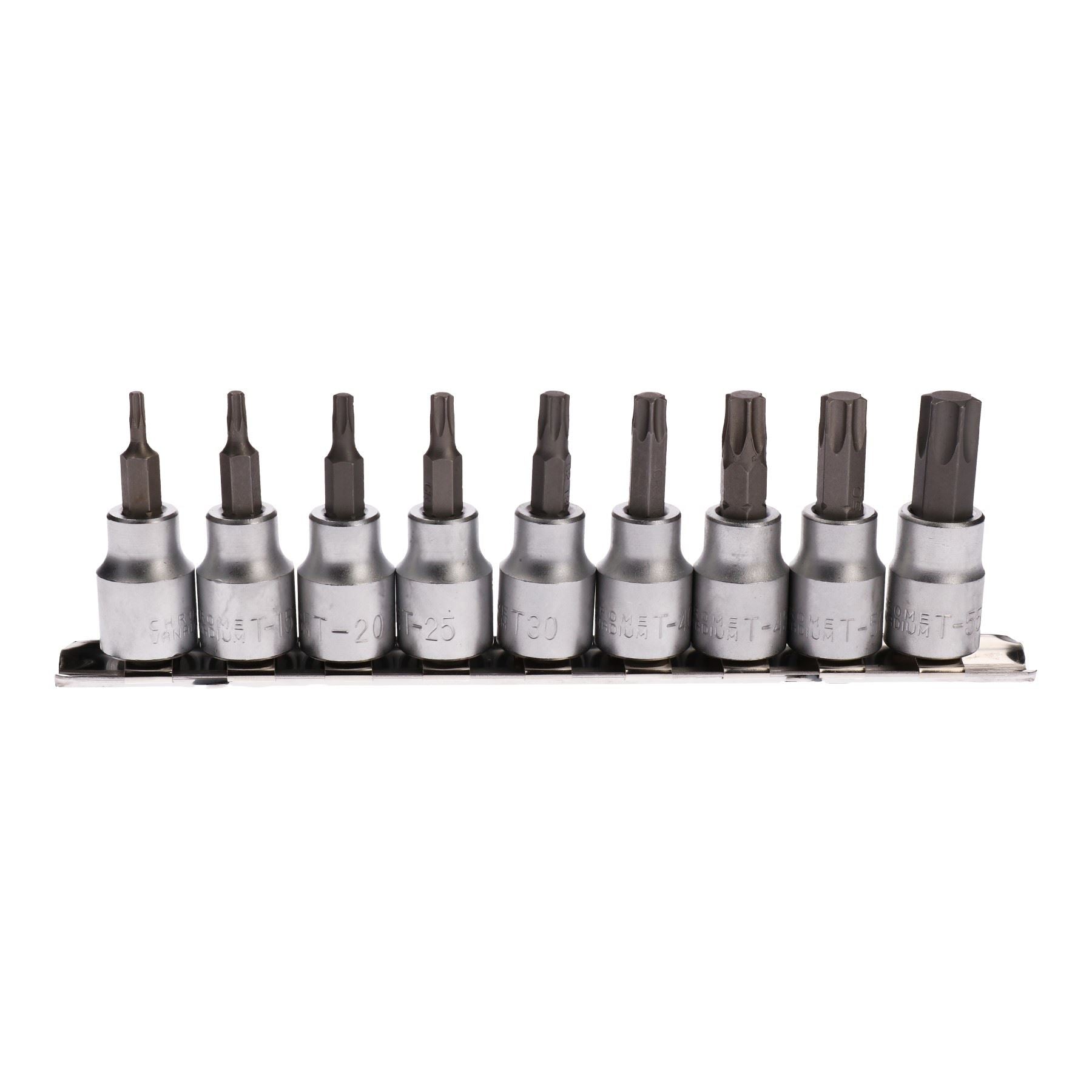 9-tlg. 3/8 Zoll Dr. Star Torx-Bit-Steckschlüssel-Einsätze auf Schiene T10 - T55 Flachstecker