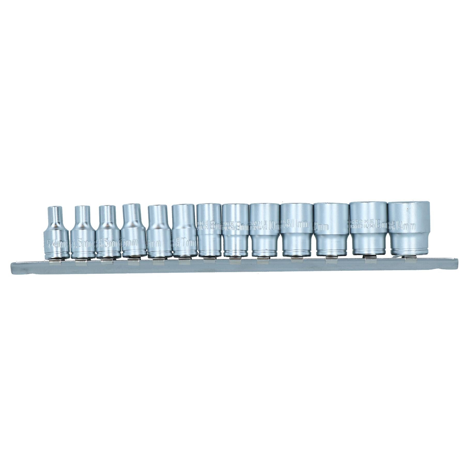 Douilles métriques peu profondes 1/4" 13 pièces 4 mm - 14 mm 6 pans simples sur rail TE047
