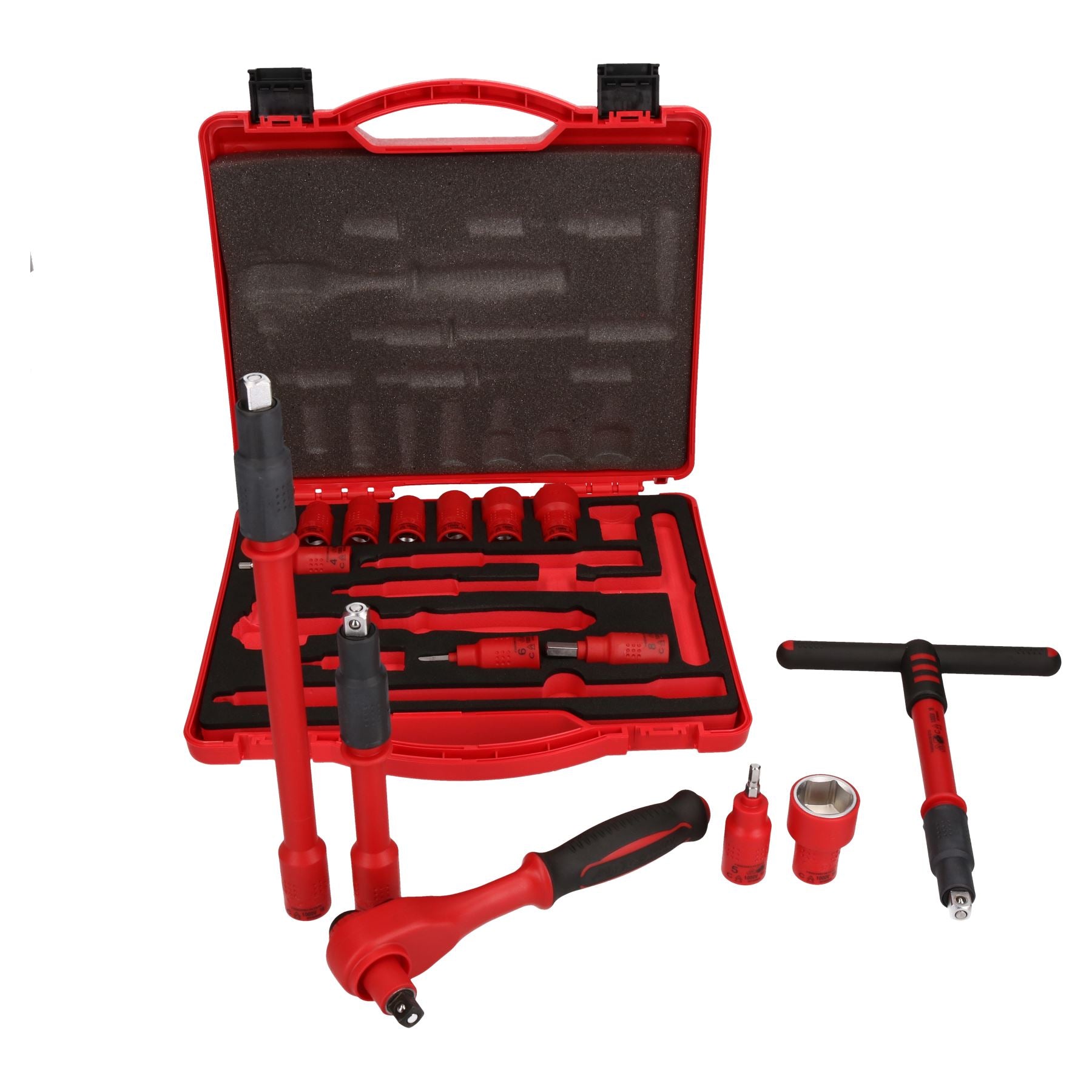 3/8"-Antrieb, isolierter VDE-Werkzeugsteckschlüssel und Zubehörsatz, 16-teilig, metrischer Sechskant + T-Stange