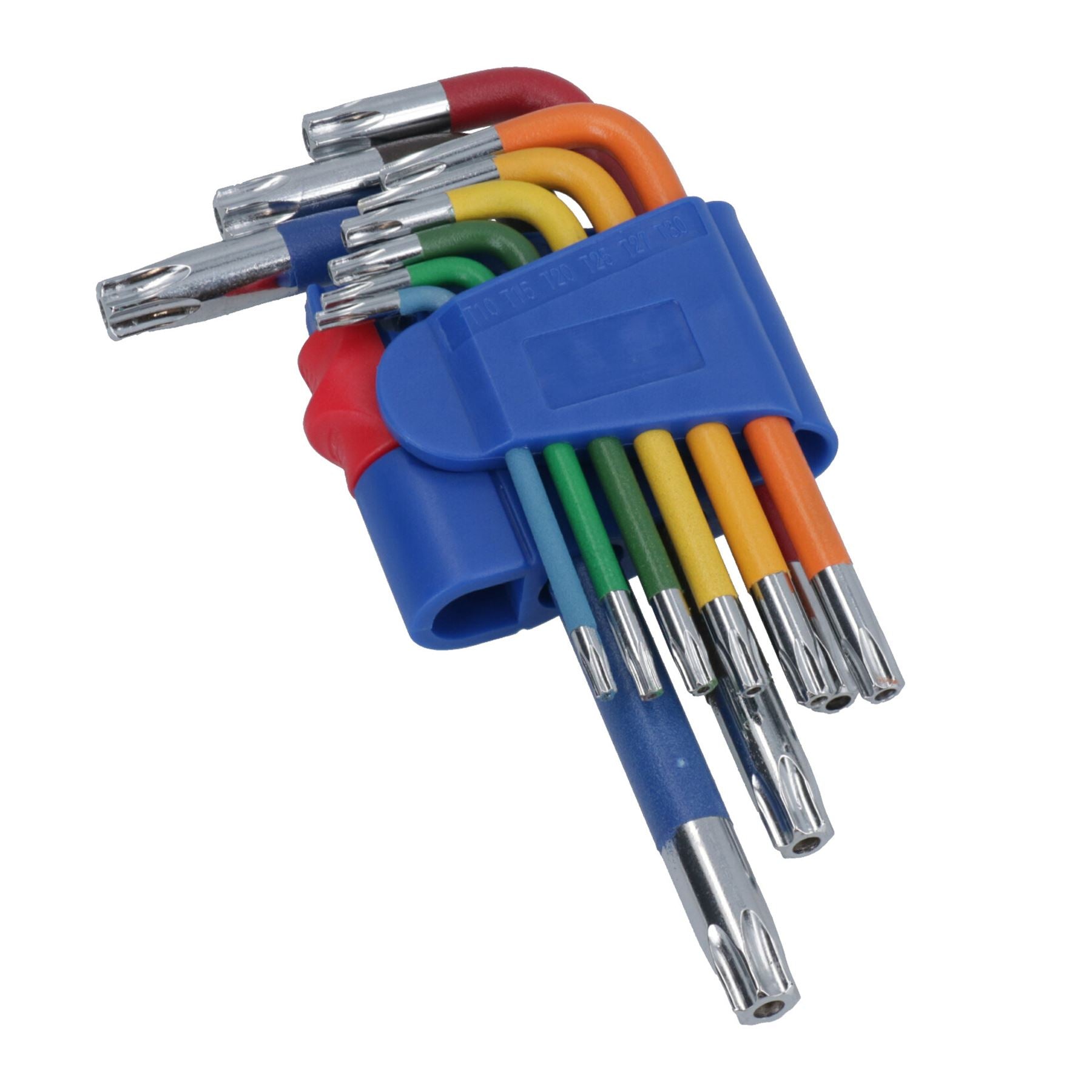 9-tlg. Torxschlüssel mit kurzem Stern, manipulationssicher, mehrfarbig, mit Halter, T10 – T50