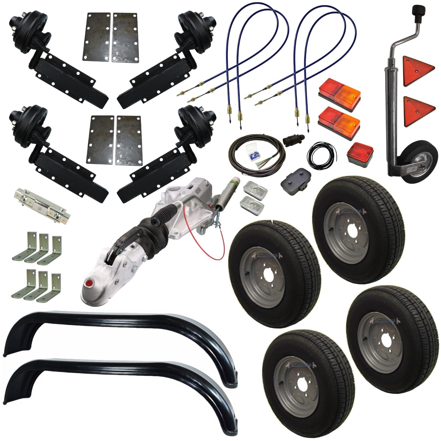 1400kg Braked Twin Axle Trailer Kit Suspension Brakes Wheels Mudguards Lights