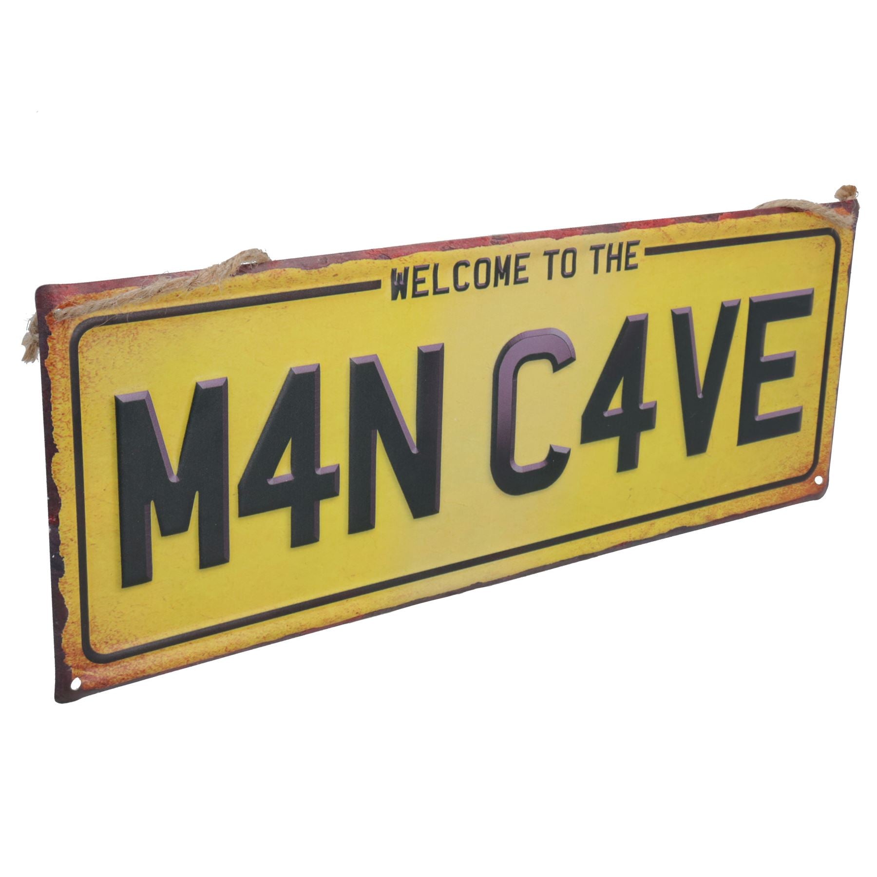 Panneau métallique fantaisie à suspendre « Bienvenue chez M4N C4VE » avec trous pré-perforés 13 x 36 cm