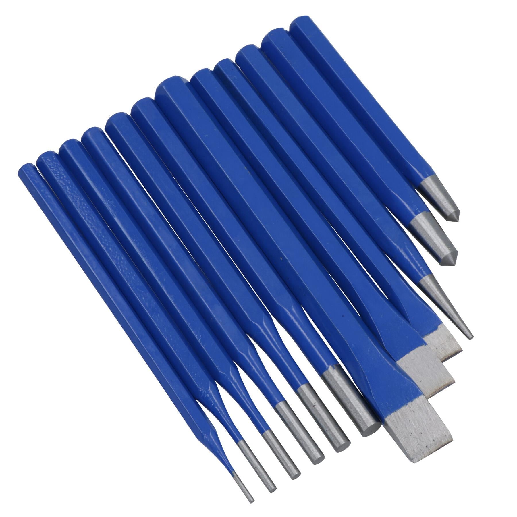 Körner- und Meißelsatz, konisch zulaufender, paralleler Splinttreiber, Kaltmeißel, 12-teilig