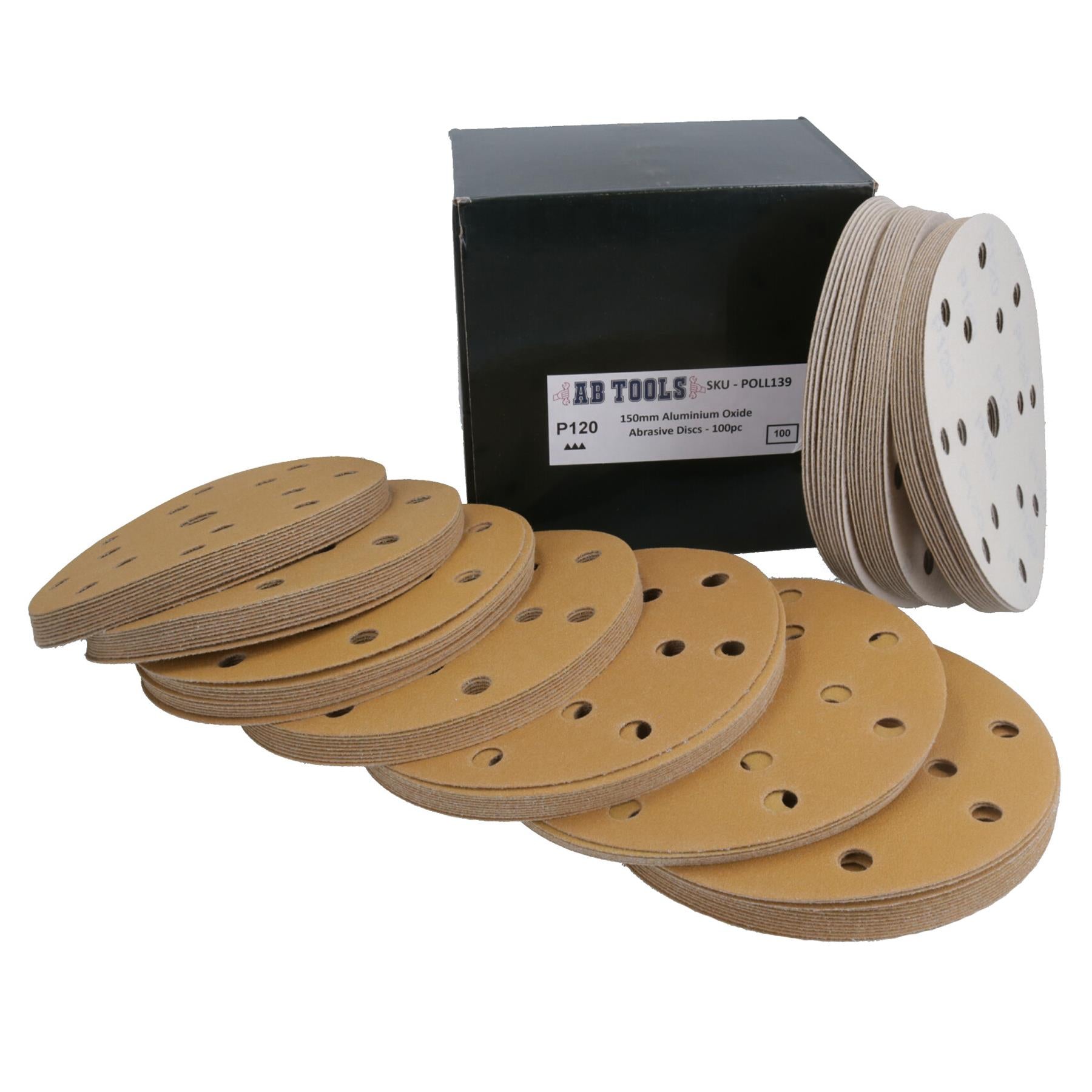 150 mm Schleifscheiben Aluminiumoxid Schleifmittel 120er Körnung 15 Löcher Haken + Schlaufe