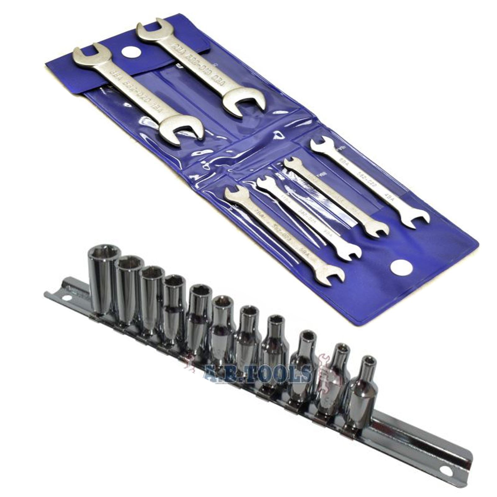 Clé à fourche de précision avec 11 douilles BA et 6 clés à molette BA de 1/4"