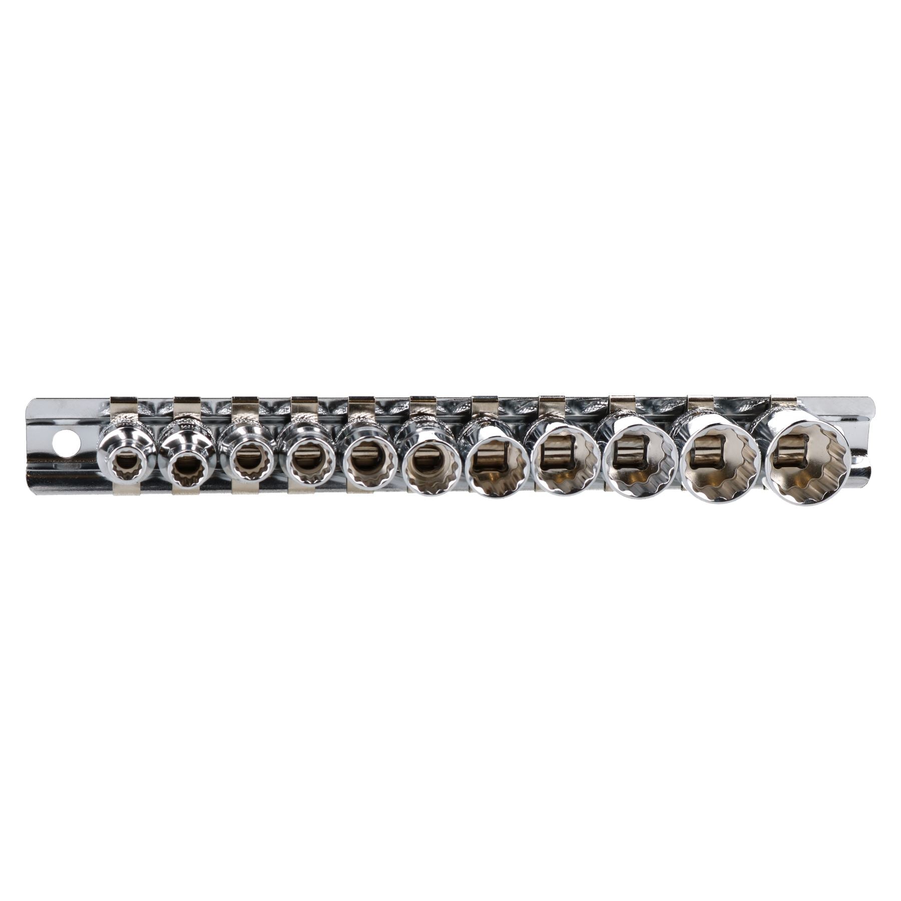 1/4"-Antrieb, niedriges Profil, metrische Steckschlüsseleinsätze, 5 mm – 14 mm, 11-tlg., 12-seitig, Doppelsechskant, auf Schiene