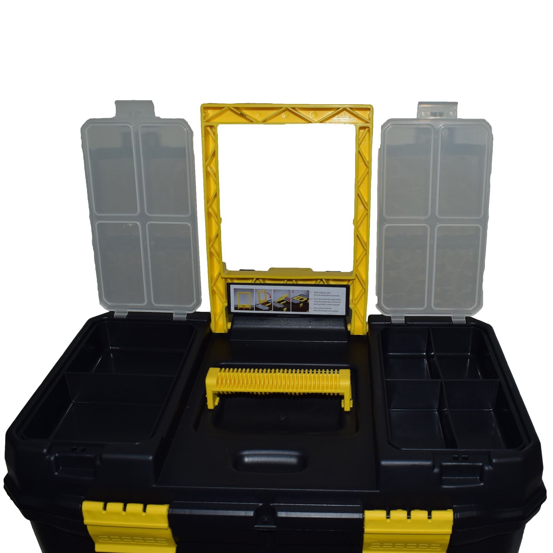 Plastic Double Tool Box Toolbox Storage Pull Along Handle Trolley 9 Compartments