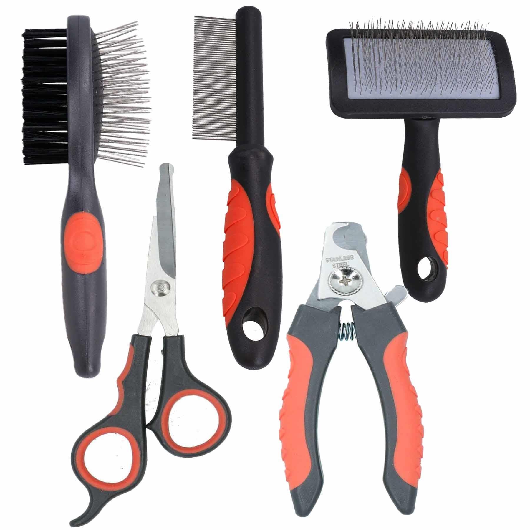 Dog Cat Groom Set:Fine Comb, Slicker/Double Sided Brush, Scissors, Nail Clippers