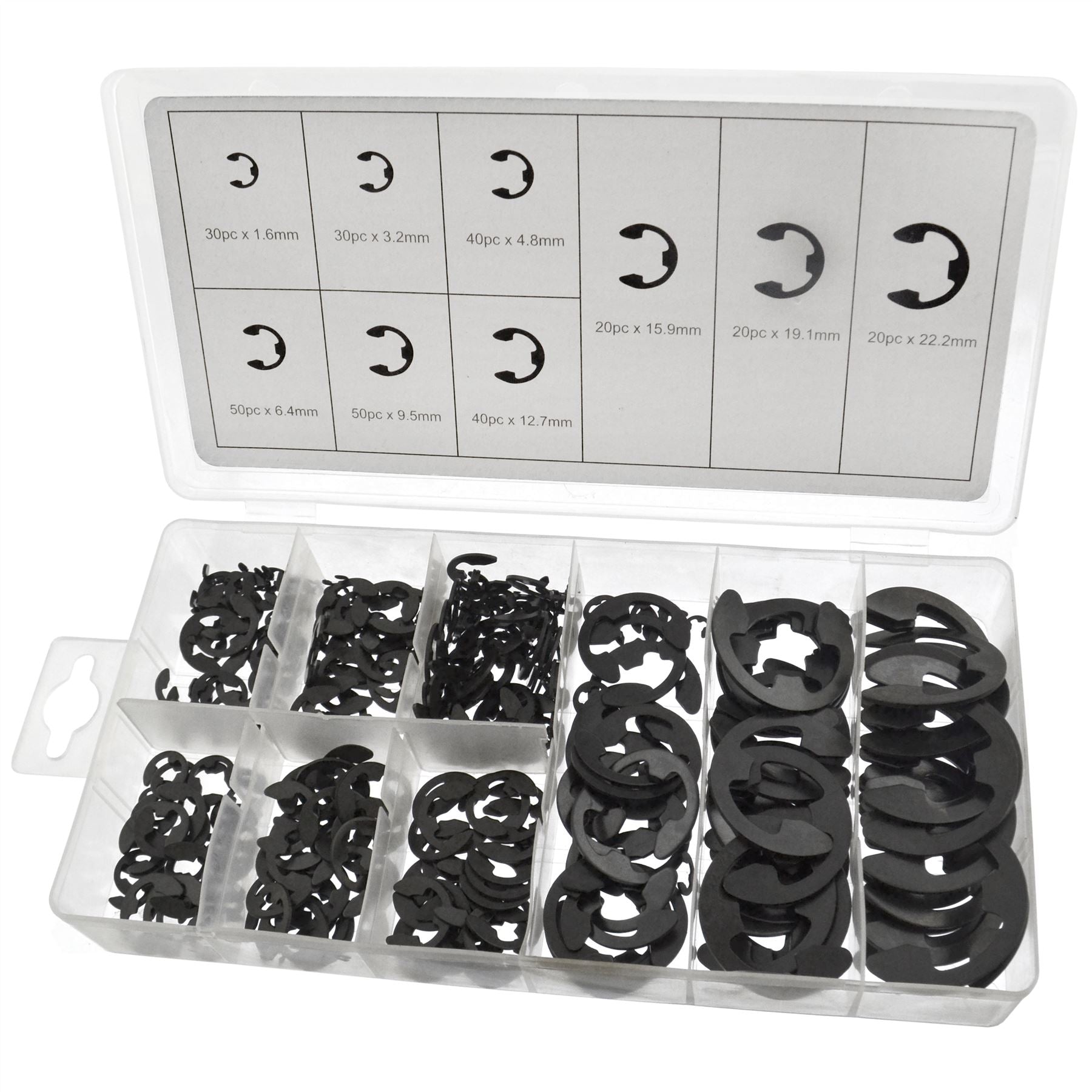 300pc E-Clip Assortment Retaining Snap Ring Circlip Kit 1.6 - 22.2mm E Clip
