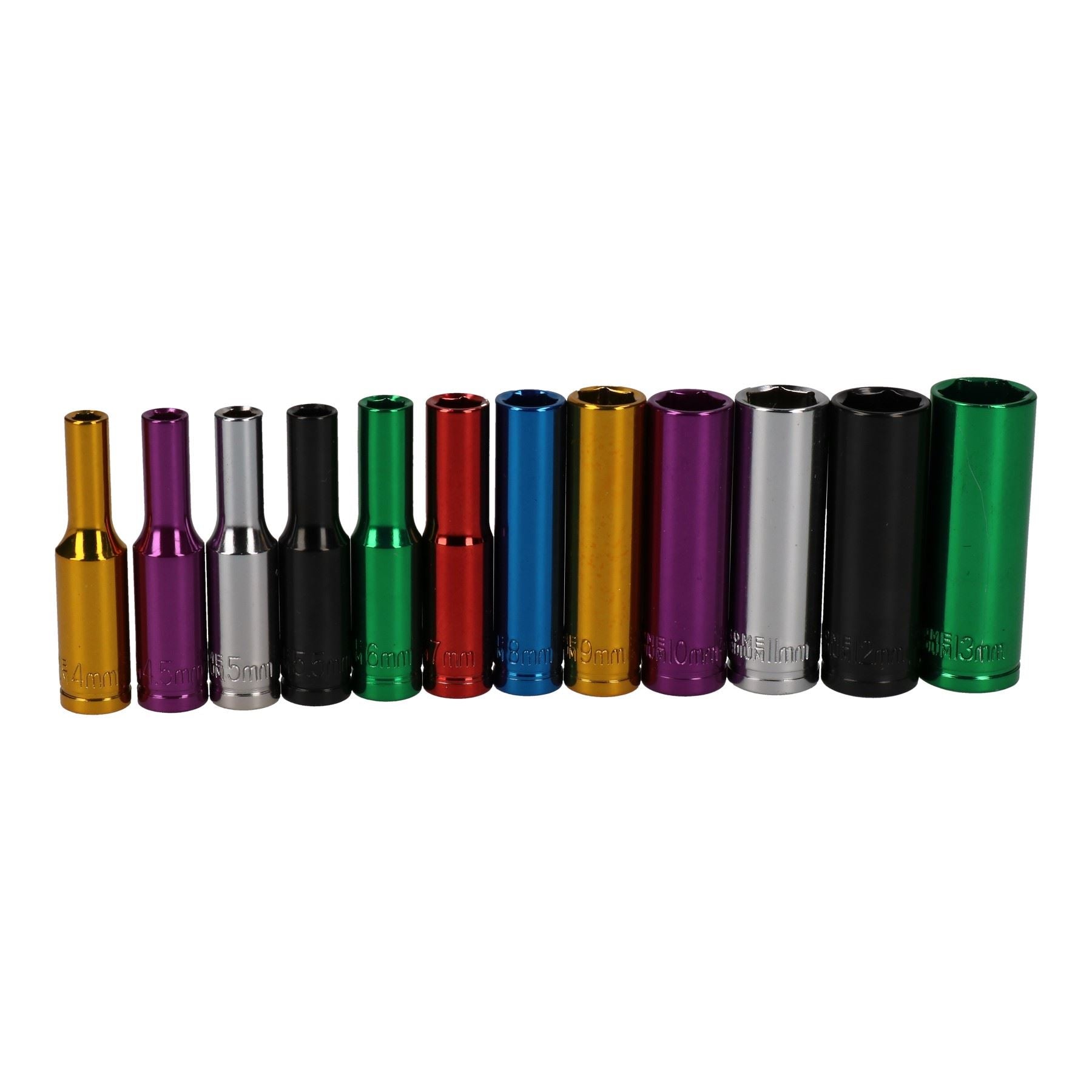 12pc Coloured 1/4" Dr Deep Sockets 6 Point Hex Metric 4 - 13mm With Rail