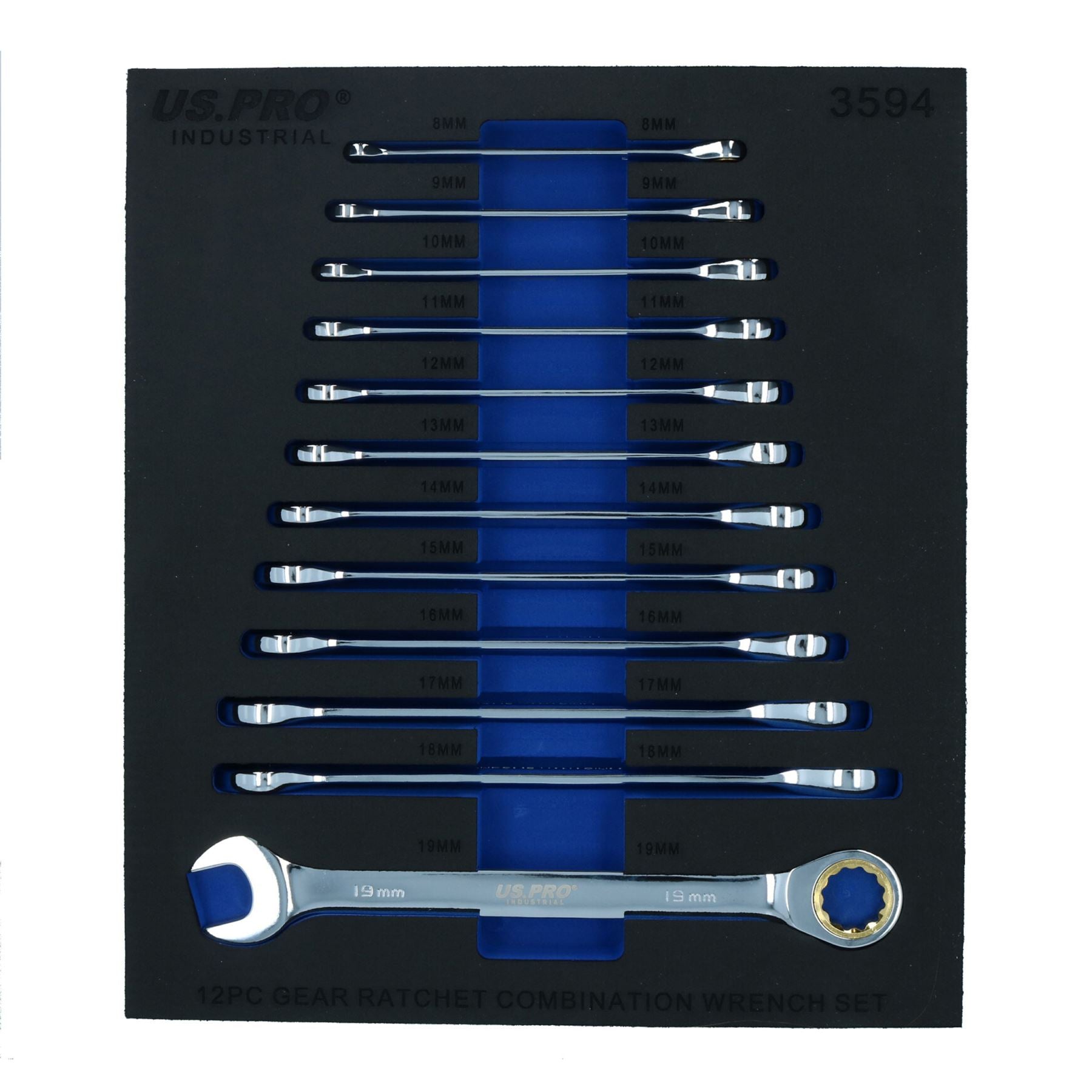 Clé mixte à cliquet à engrenages métriques US Pro Industrial 12 pièces 8 mm – 19 mm