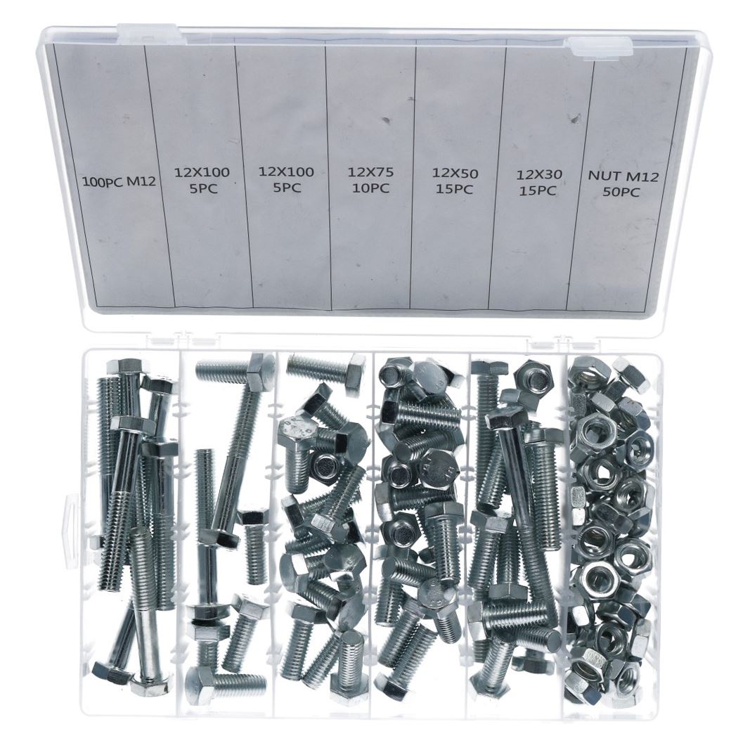 100pc M12 12mm Bolts Bolt with Nuts Assortment 30 - 100mm Hex Head