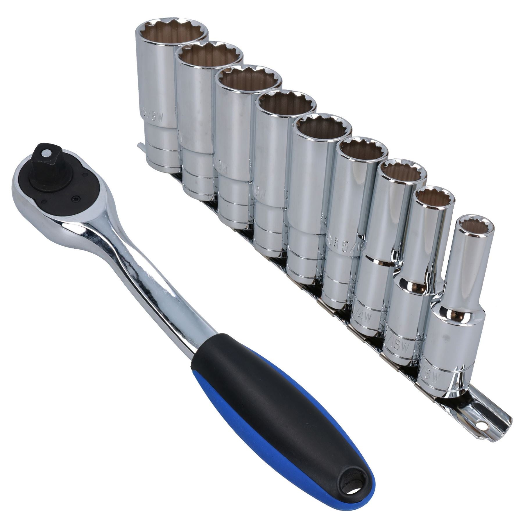 1/2"-Antrieb, gebogene Ratsche, 72 Zähne + 9 tiefe Whitworth-Steckschlüsseleinsätze, 1/8" – 5/8"