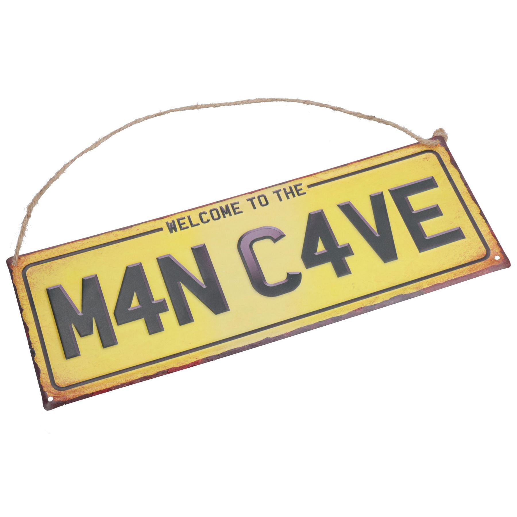 Panneau métallique fantaisie à suspendre « Bienvenue chez M4N C4VE » avec trous pré-perforés 13 x 36 cm
