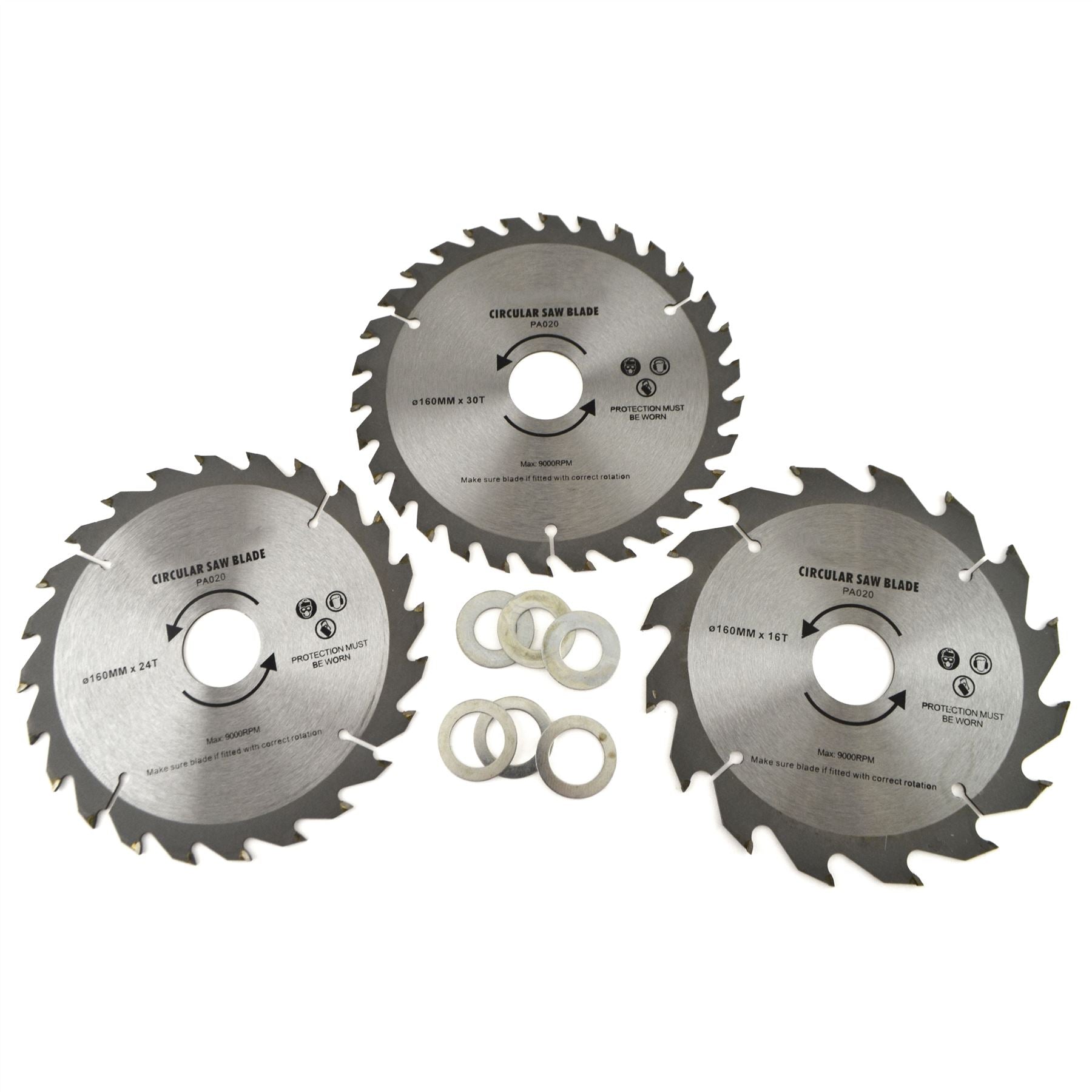 3 Stück 160 mm TCT Kreissägeblätter 16/24/30 TPI & Adapterringe Reduzierstück TE858
