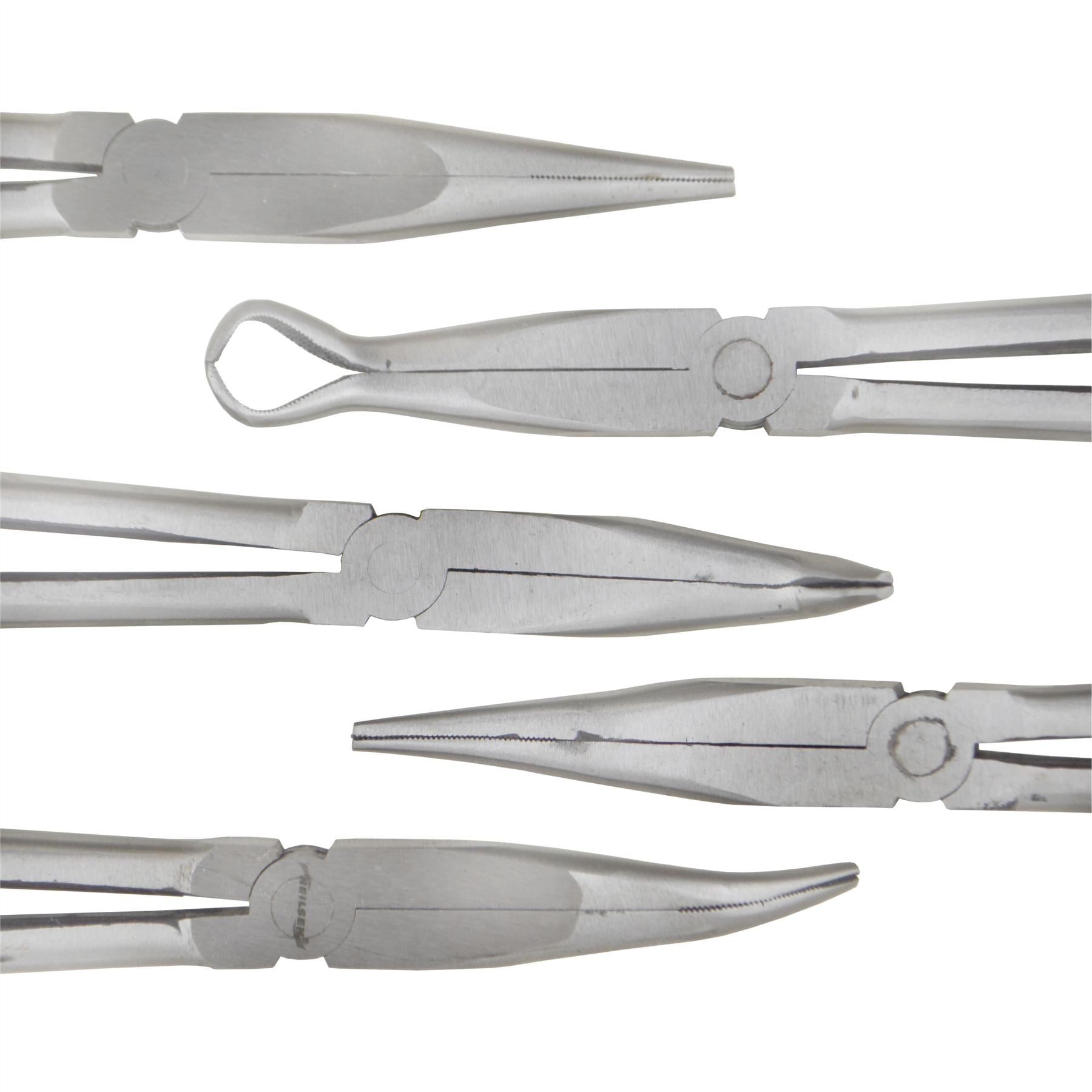 11" / 275 mm Spitzzangen-Satz, lang, 5-teilig, gerade, gebogen, abgewinkelt, runde Spitze