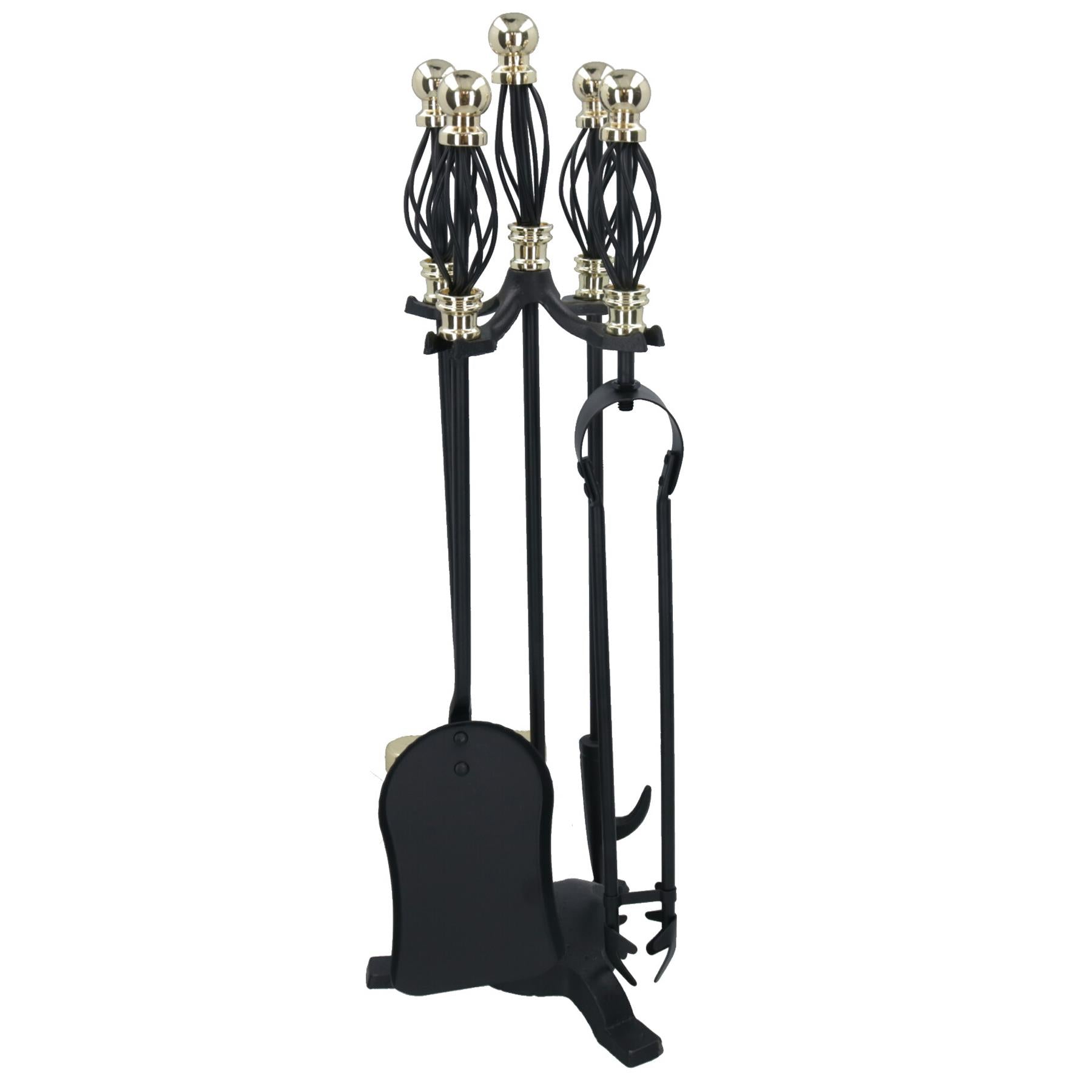 Ensemble de 5 pièces pour cheminée en laiton avec brosse, tisonnier, pelle, pince, brûleur à bûches