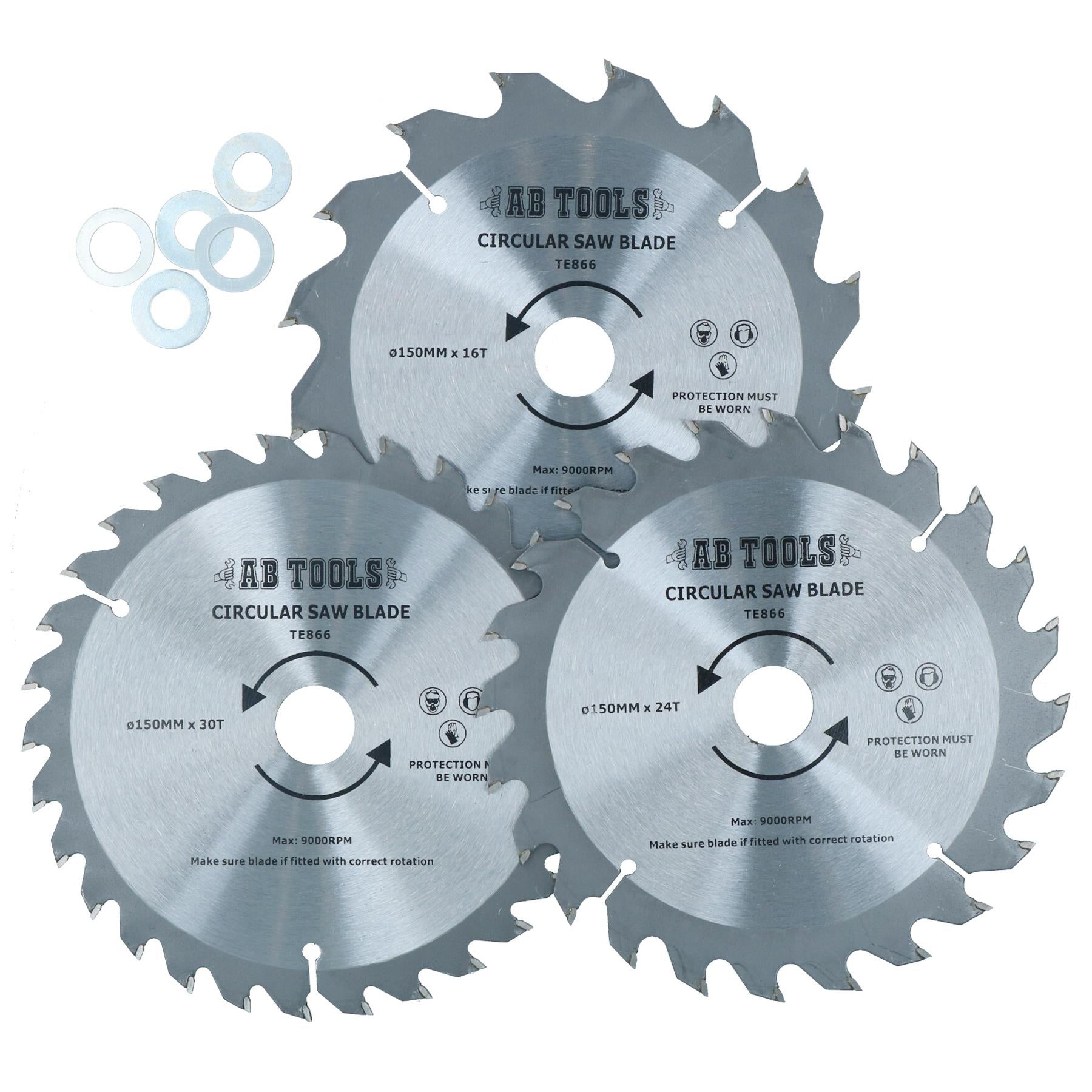 3pc 150mm TCT Circular Saw Blades 16/24/30 TPI & Adapter Rings Reducer TE866