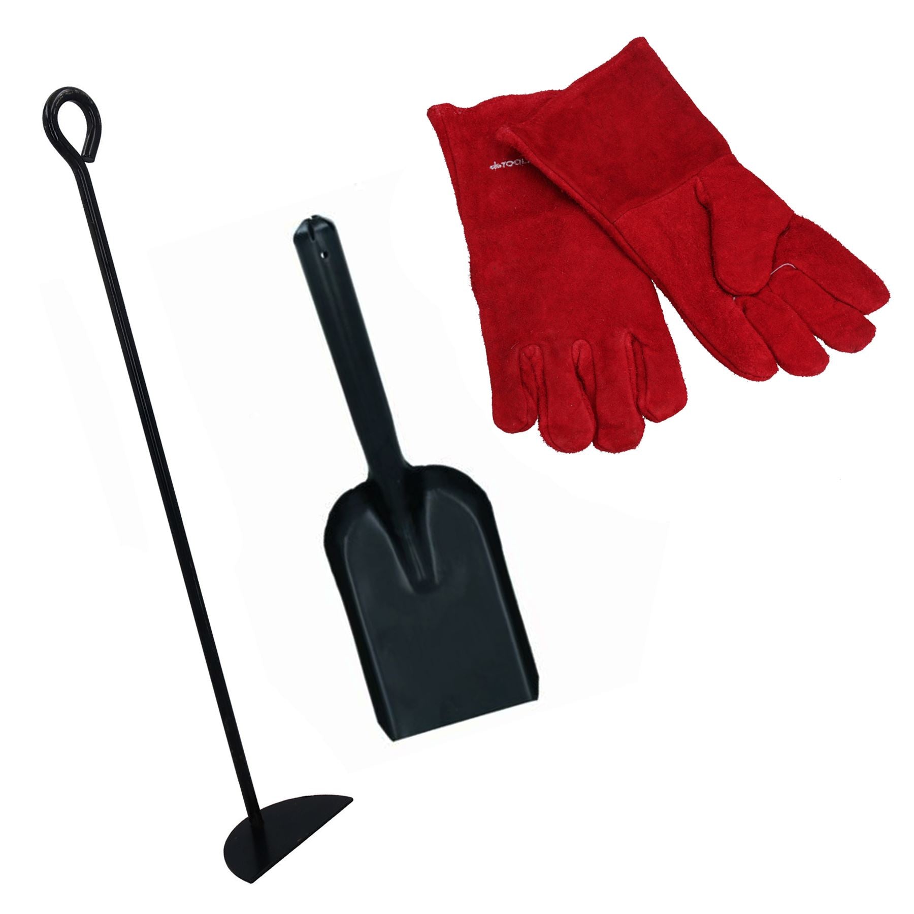 D Ash Rake Scraper, Shovel & Gloves Wood Burner Fire Coal Steel Metal Black