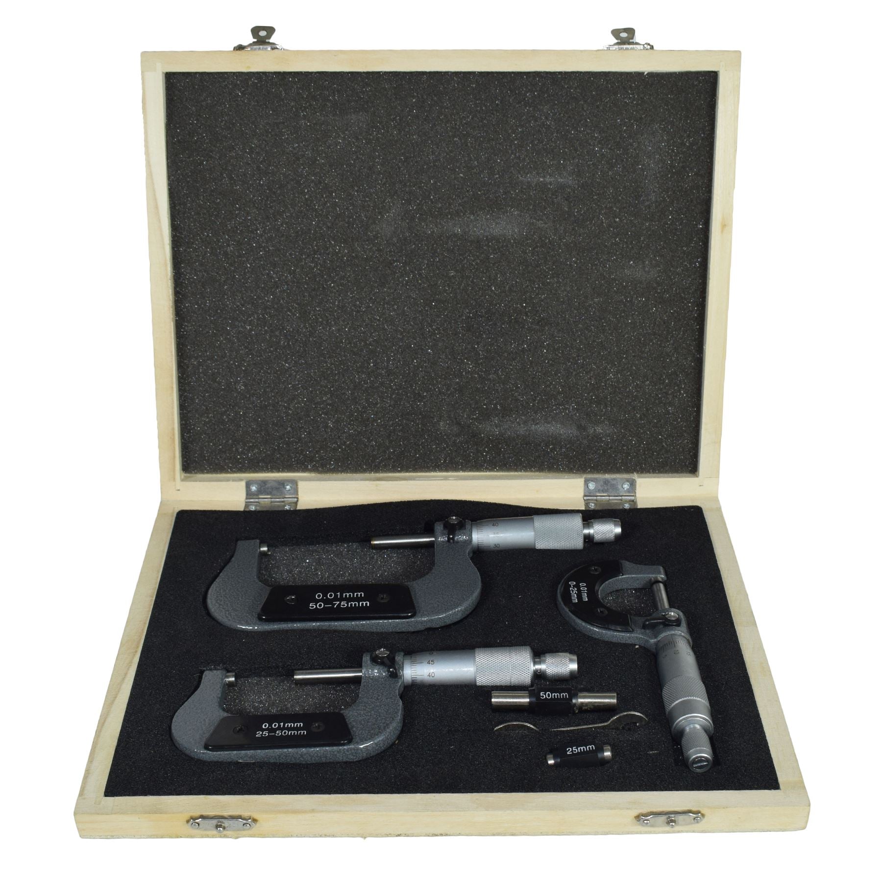3-teiliges Mikrometer, extern einstellbar, metrisch, Mikrometer, Hartmetall-Ambosse 0–75 mm