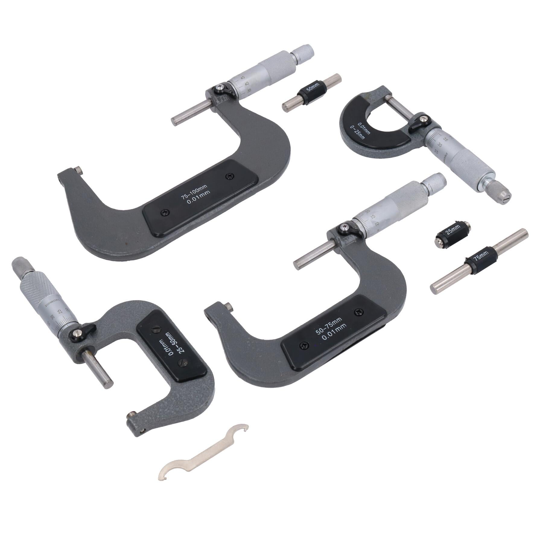 4-teiliges Mikrometer, extern einstellbar, metrisch, Mikrometer, Hartmetall-Ambosse, 0–100 mm