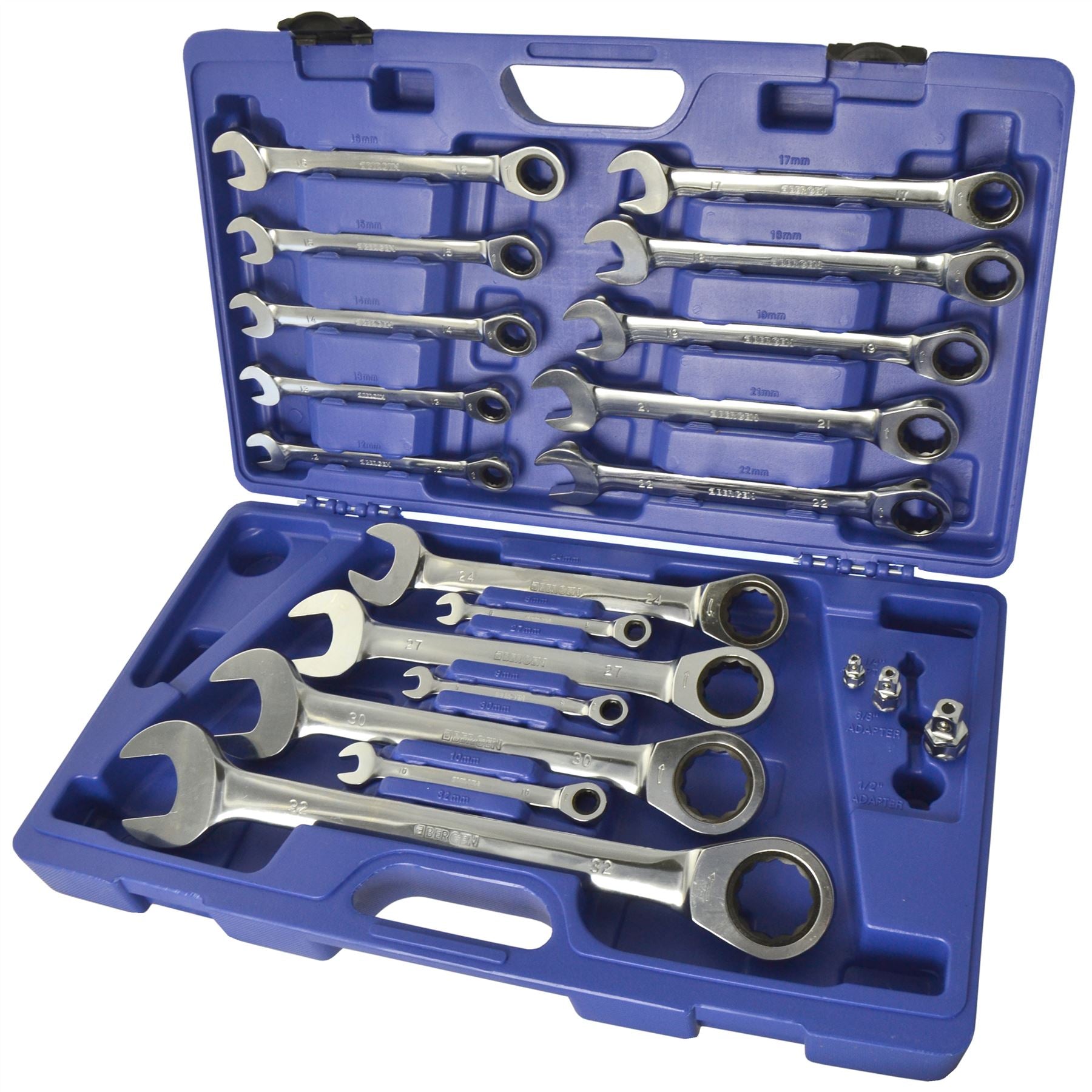 Jeu de clés mixtes à cliquet métriques MM 8 mm – 32 mm, 20 pièces + adaptateurs