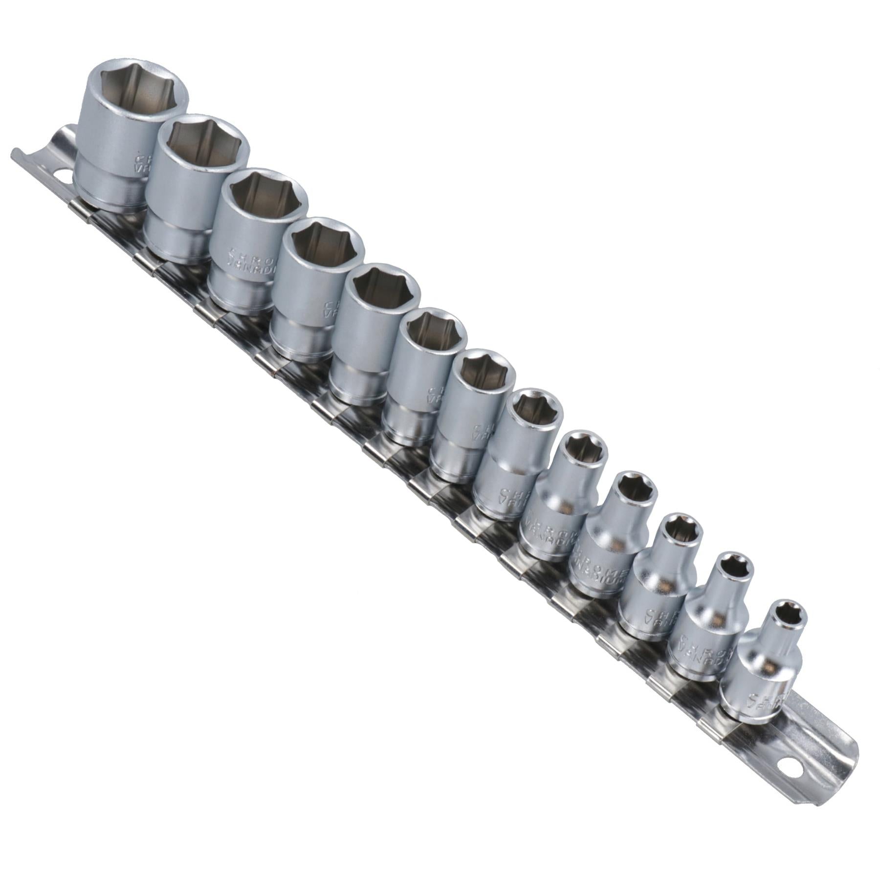 Douilles métriques peu profondes 1/4" 13 pièces 4 mm - 14 mm 6 pans simples sur rail TE047