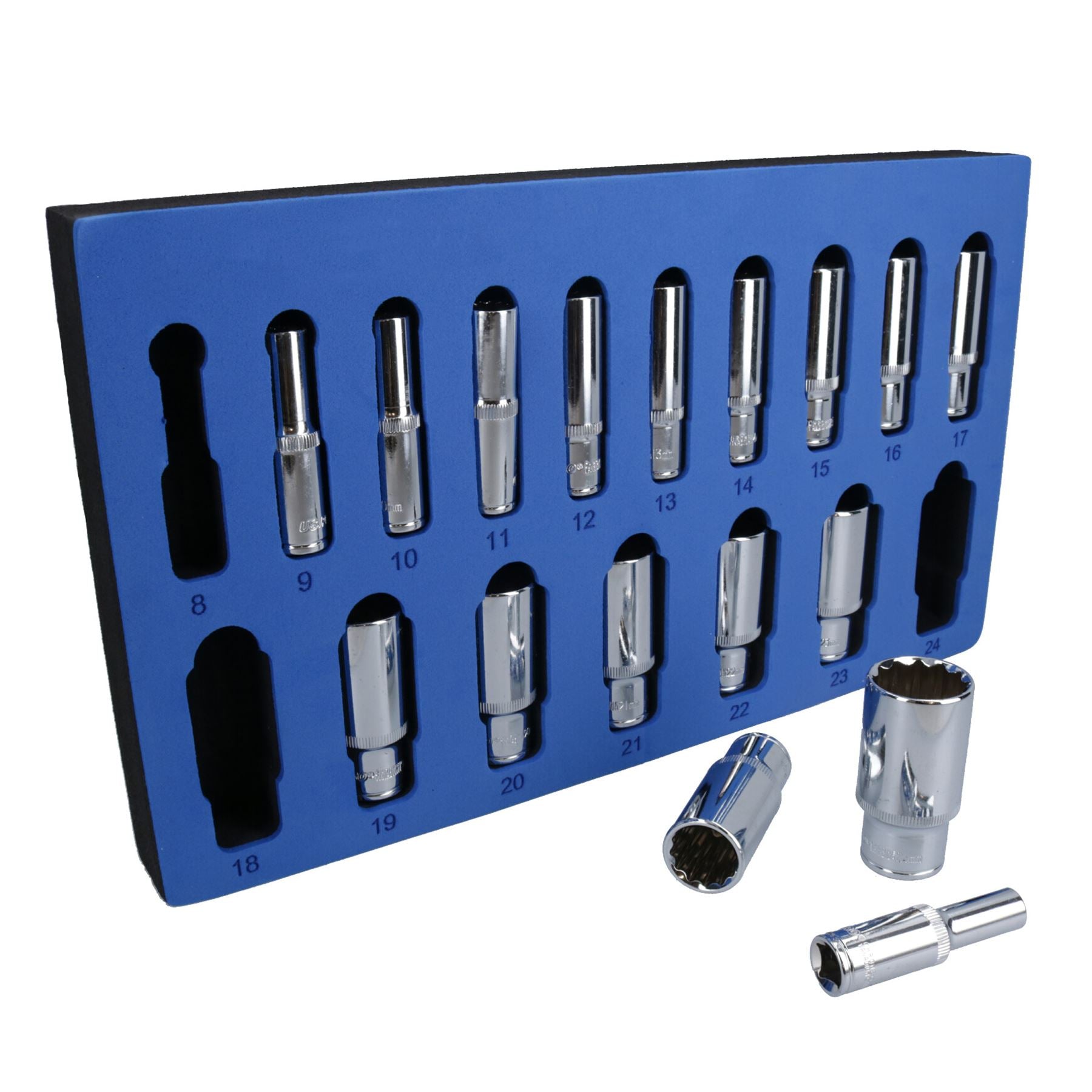 3/8" Drive Double Deep Metric MM Sockets 12 Sided Bi-Hex 8mm - 24mm 17pc