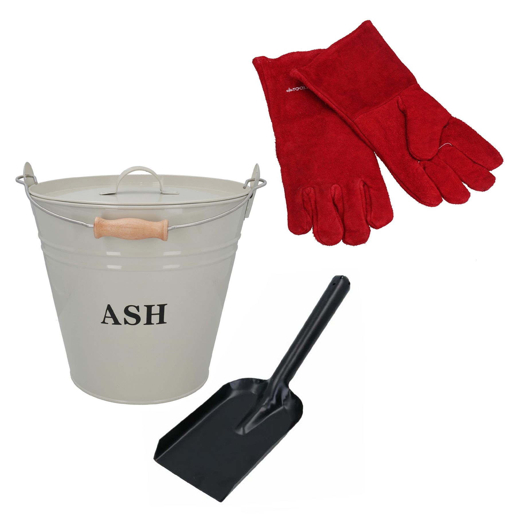 Seau à charbon crème avec couvercle, pelle de 5 pouces et gants Poubelle à cendres en métal Brûleur à bûches