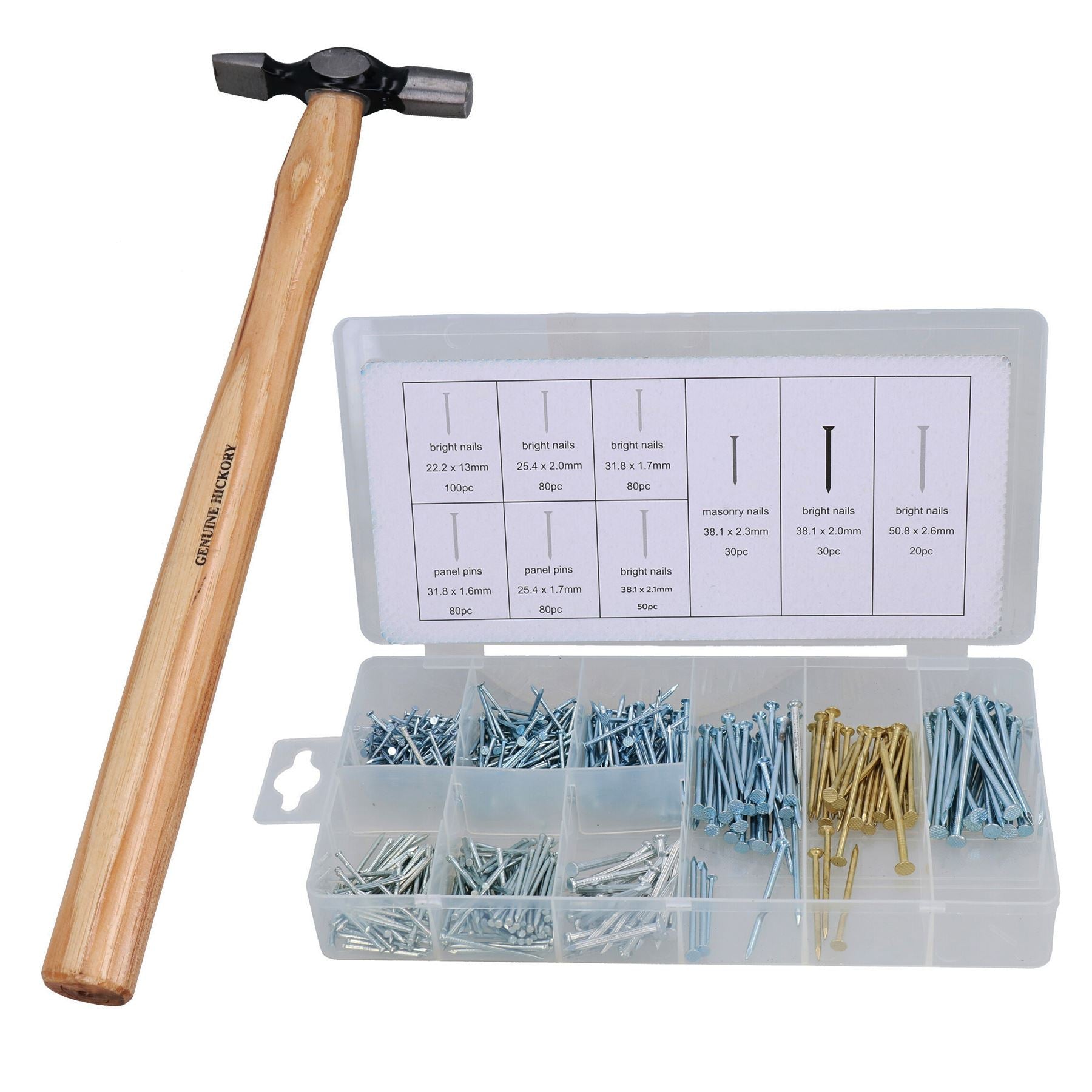 4oz Ball Pein Hickory Handle Hammer Nail Installer with 550pc Nail Assortment Set