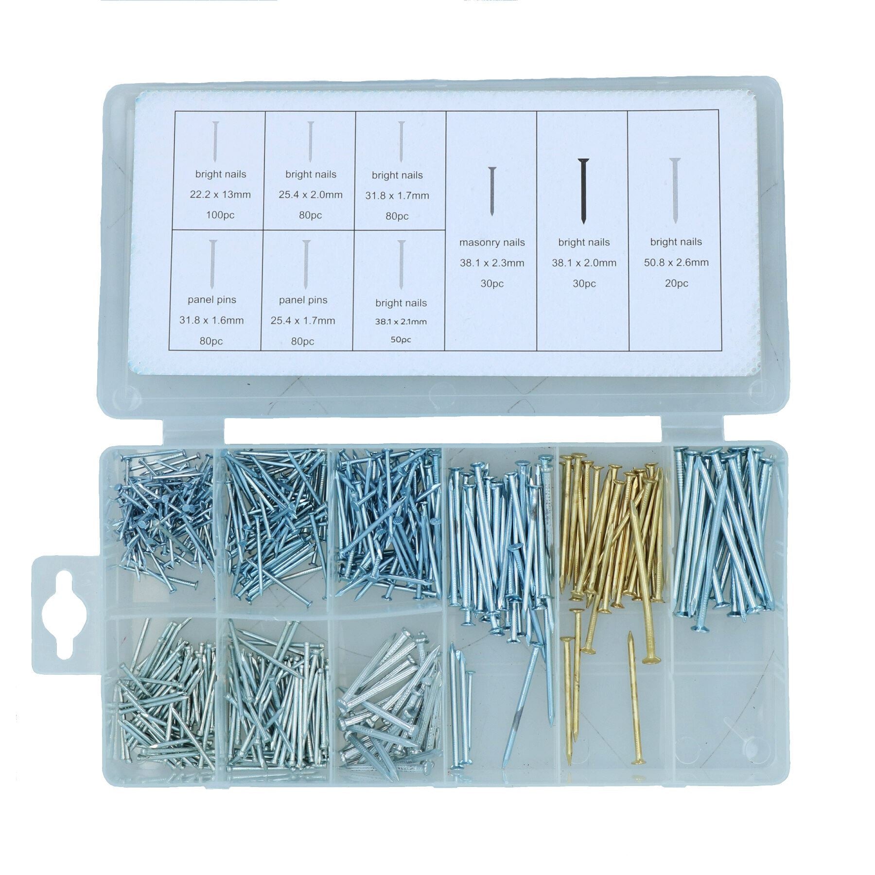 550pc Metal Wood Nail Masonry Panel Pins Bright Nails Assortment Kit AST52