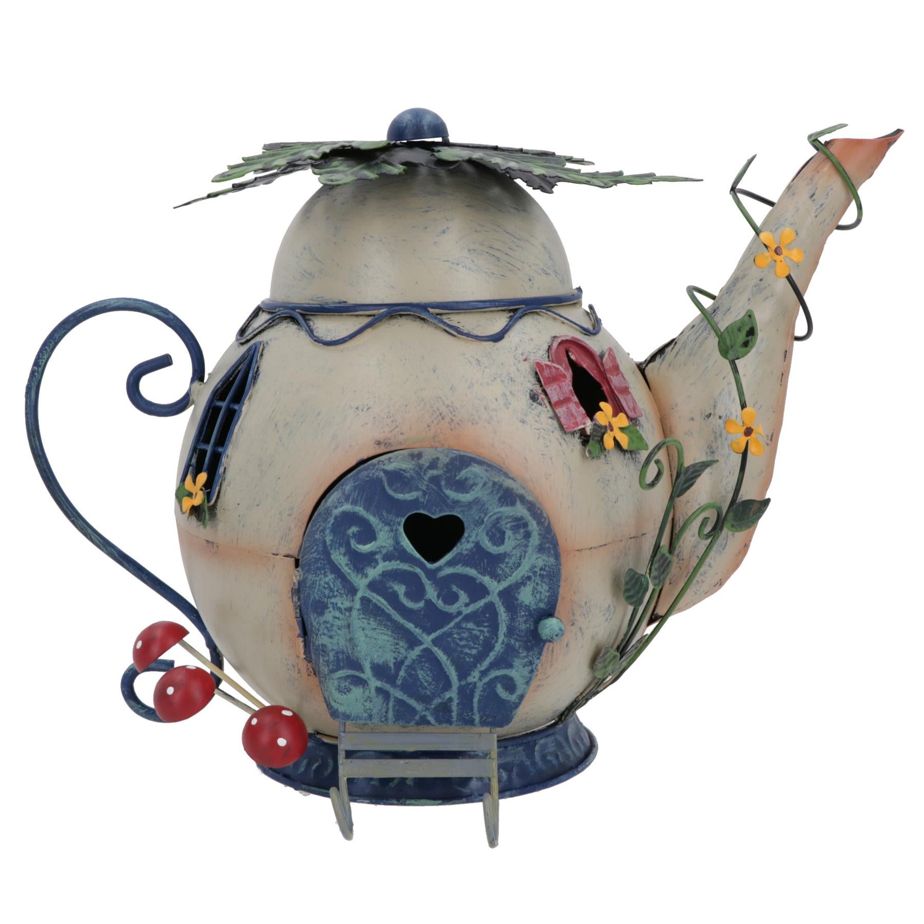 Fairy Teapot House Metal Statue Sculpture Home Decor Ornament Garden Yard