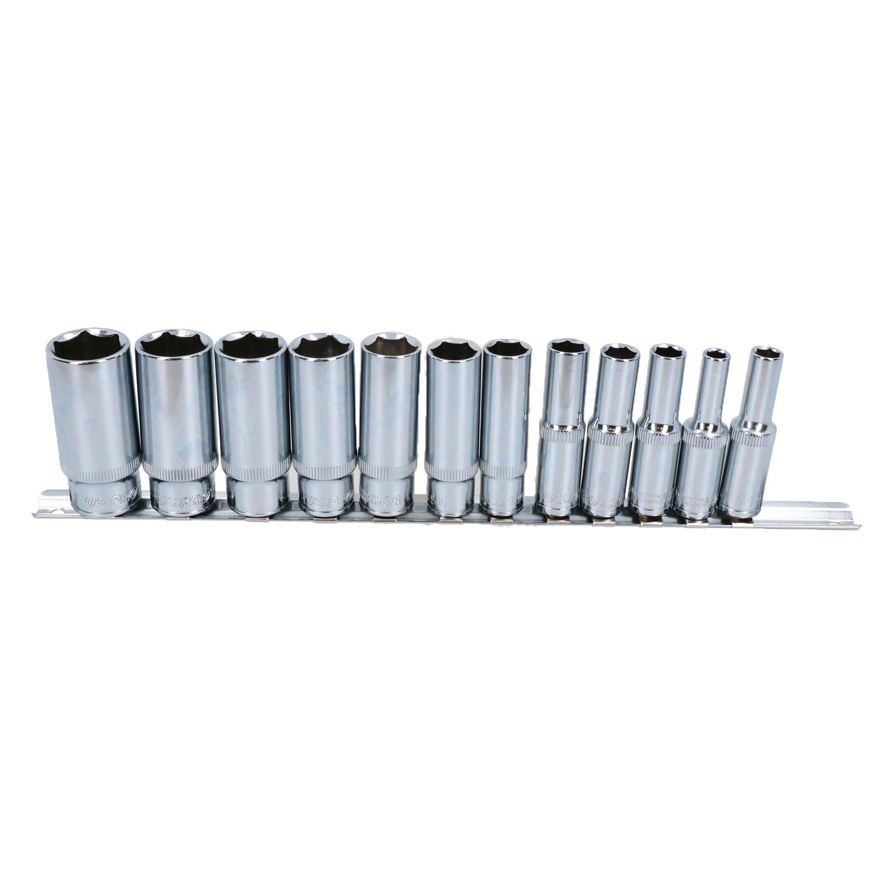 Douilles impériales SAE AF 1/4" - 7/8" 6 points sur rail, 12 pièces, empreinte profonde 3/8" AT939