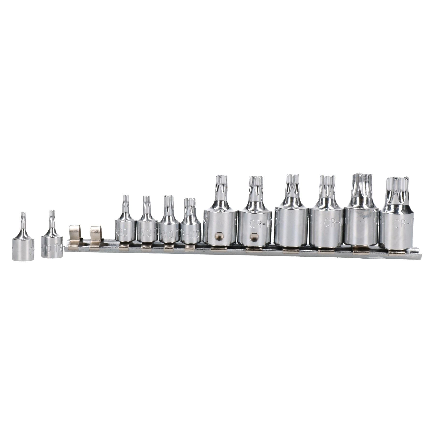 Männliche Torx-Stern-Steckschlüssel, 1/4" und 3/8" Antrieb, T10 - T60, 12-teiliger Satz auf einer Schiene