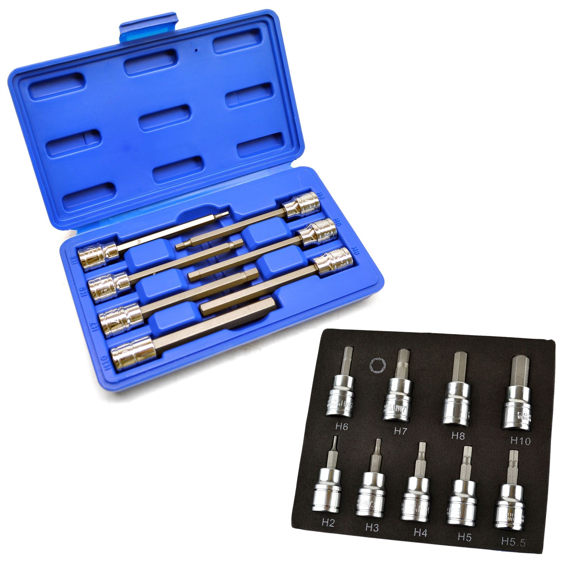 Jeu d'embouts à douilles hexagonales et Allen longues et courtes 3/8" dr H2 - H10 mm