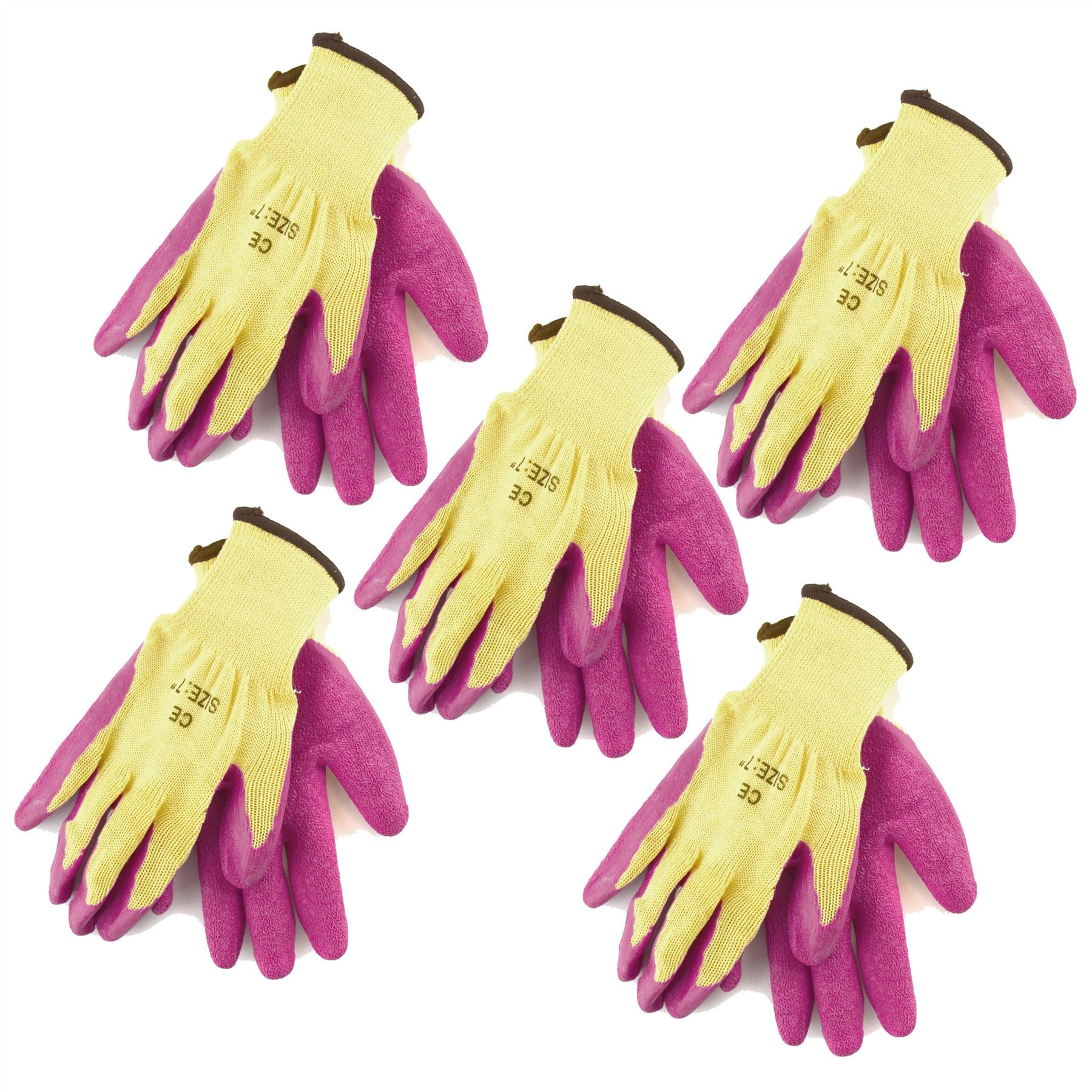 7" Bauarbeiterschutzhandschuhe für Gartenarbeit, Heimwerker, Latex-Gummibeschichtung, Rosa, 5 Stück