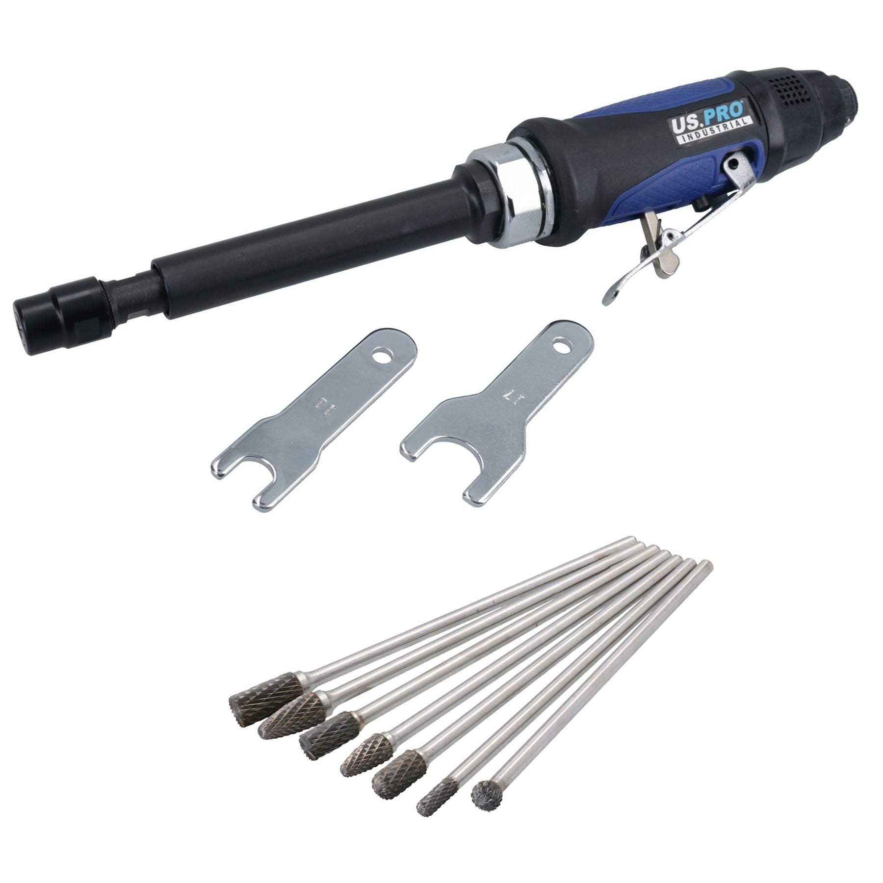 Meuleuse pneumatique allongée, pince de serrage 1/4 po, 25 000 tr/min, arbre de 5 po + 7 longues fraises rotatives