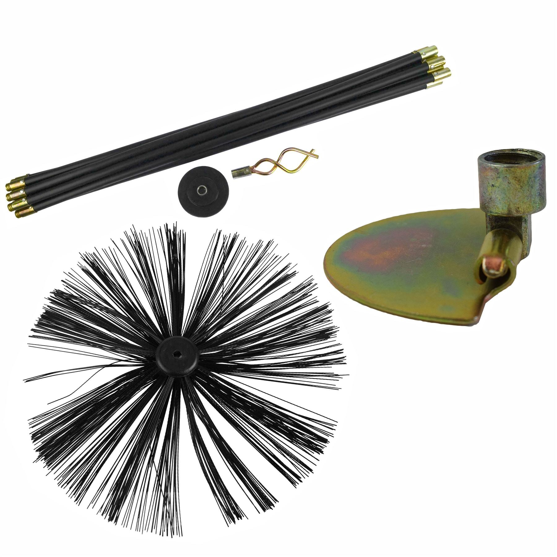 400 mm Kaminkehrbürste & 9 m Abflussstange, Kolben, Schneckenschraube und Schaber