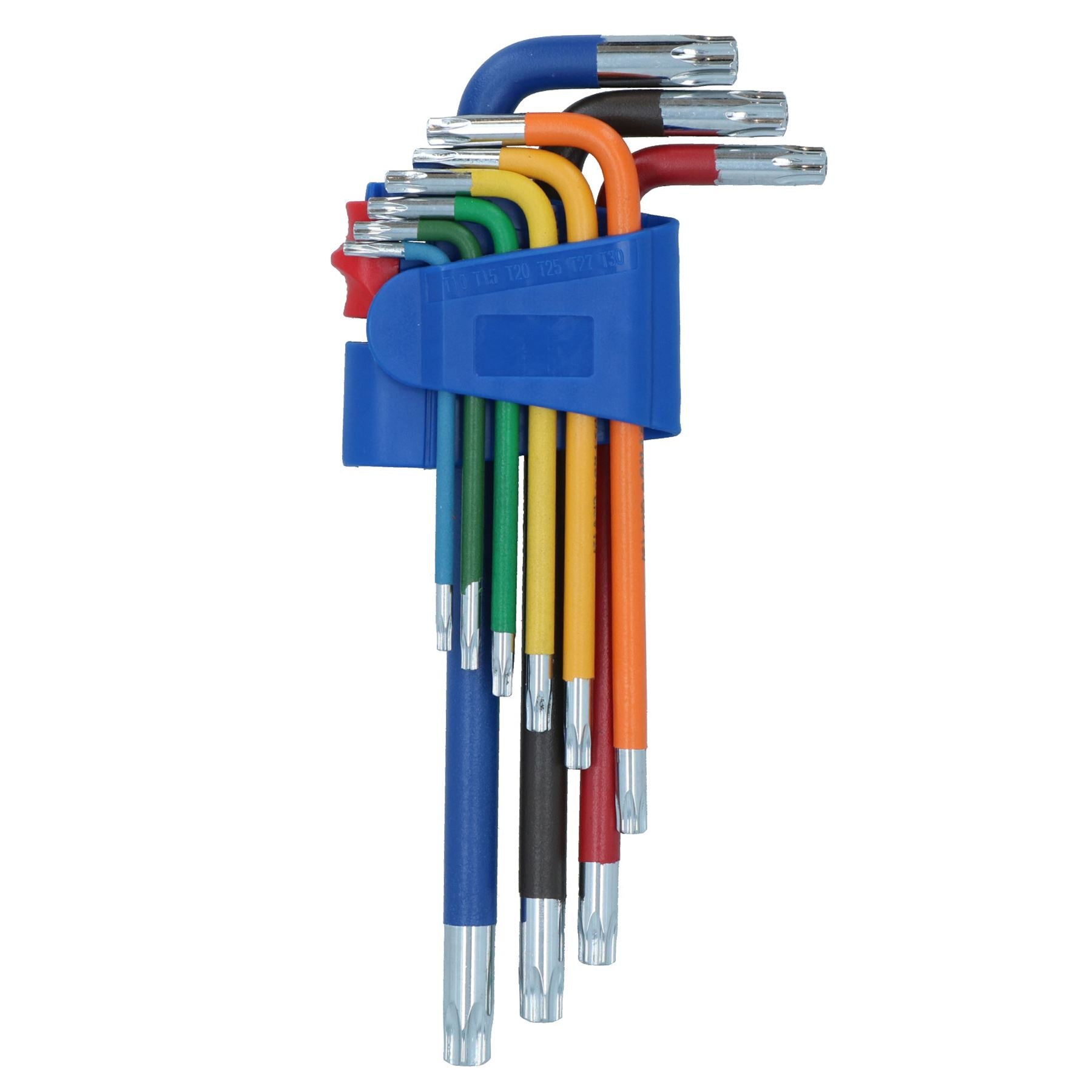 9-tlg. Torxschlüssel, lang, Stern, manipulationssicher, mehrfarbig, mit Halter, T10 – T50