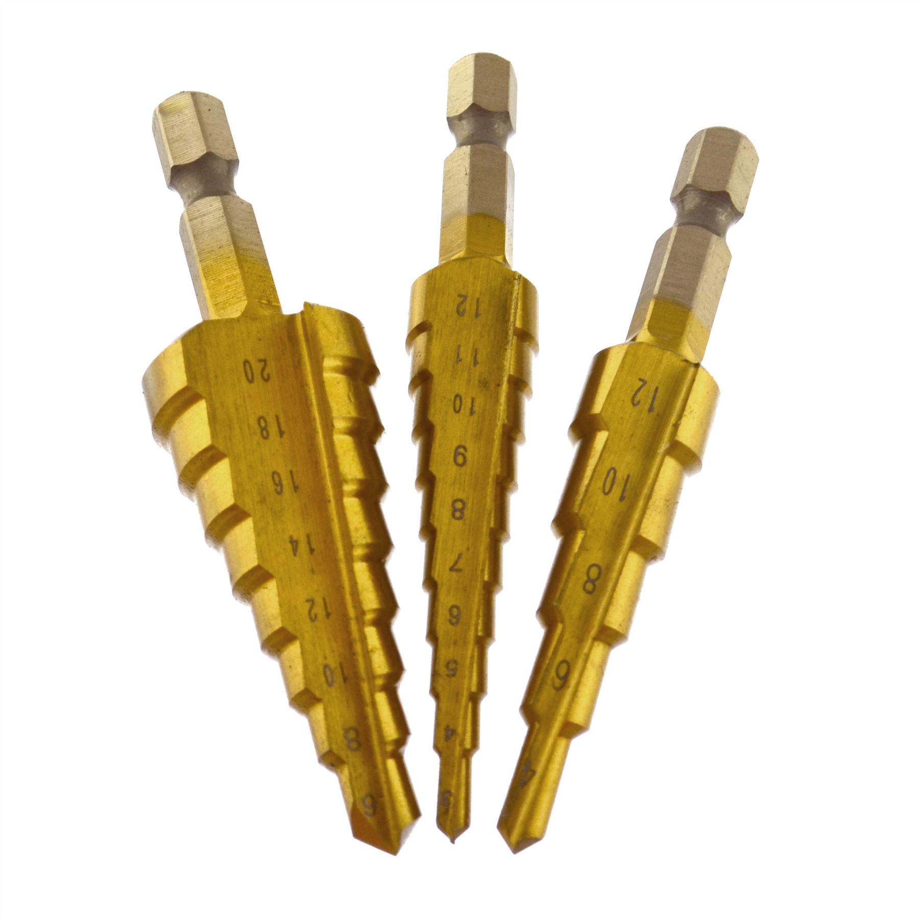 3er-Pack HSS Stufenkegelbohrer mit Titanbeschichtung, Lochschneider, Sechskantschaft, Metall, PlasticAT018