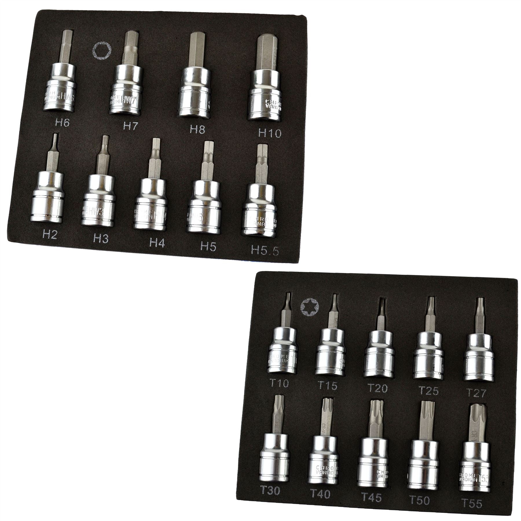 Hex Allen and Torx Star Key Bit Set 3/8" dr Socket H2 - H10 and T10 - T55