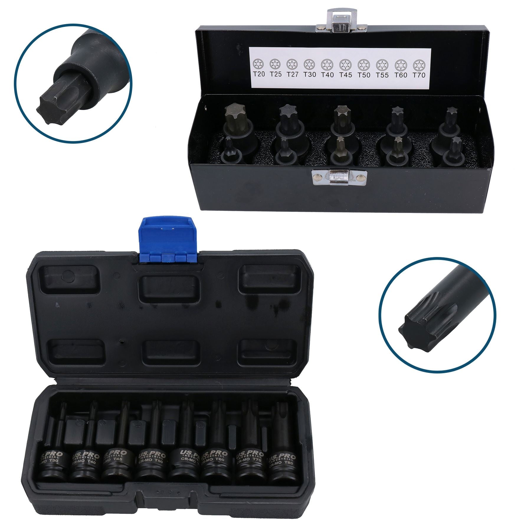 1/2"-Antrieb, flache und tiefe Schlag-Torx-Stern-Bits, Außengewinde, Stecknüsse T20 – T80, 18-tlg.
