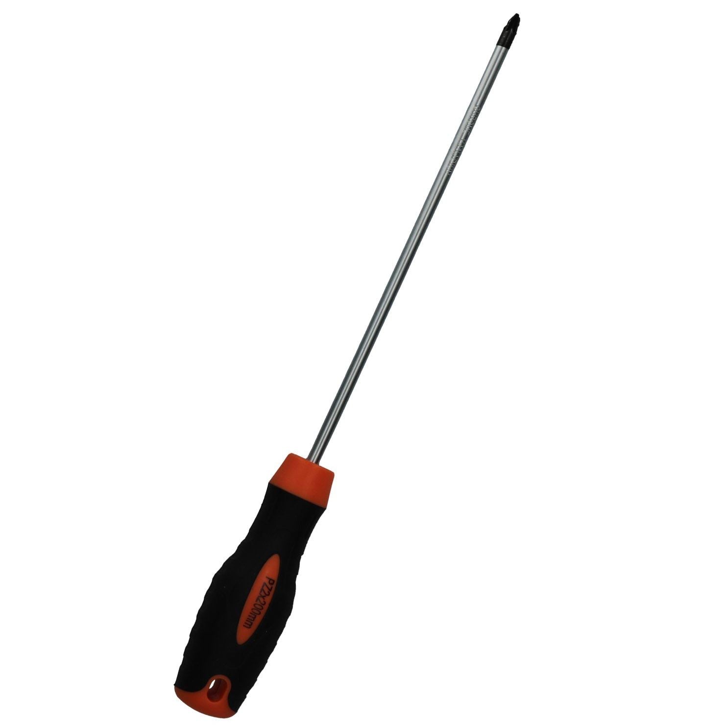 Pozi PZ2 Langer Schraubendreher, 200 mm Schaft, Gesamtlänge 310 mm, Griff aus Gummi