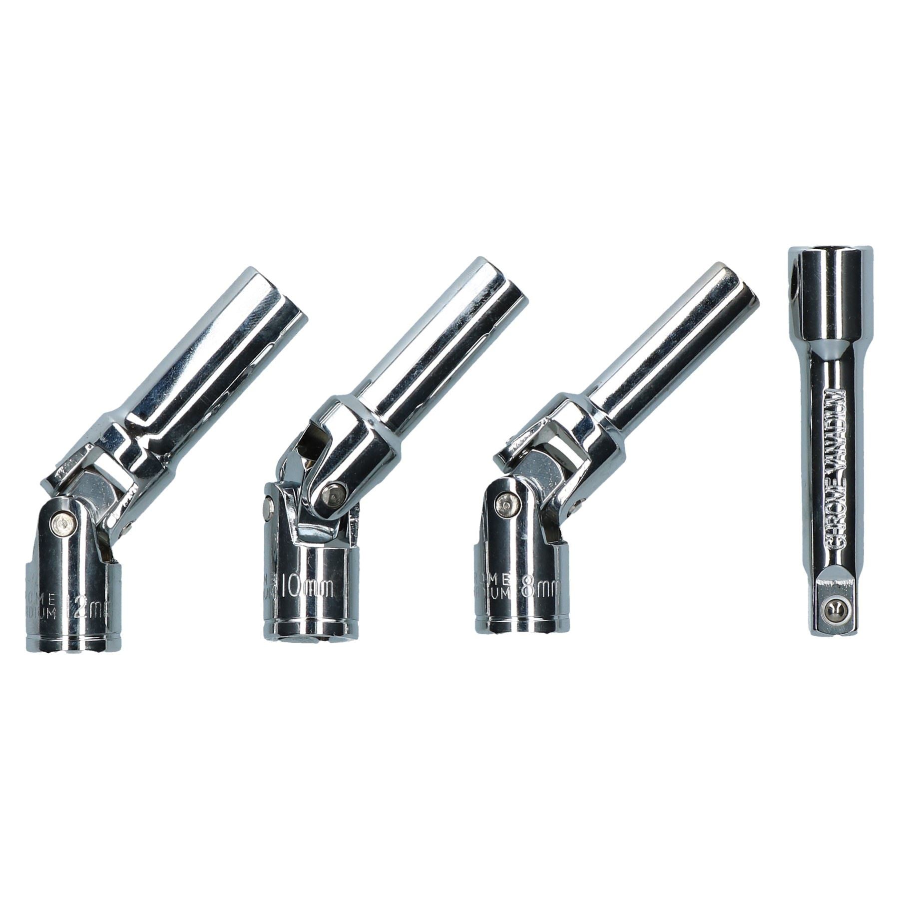 Jeu de 4 douilles de bougie de préchauffage sur joints universels 8 mm, 10 mm et 12 mm, entraînement 3/8"