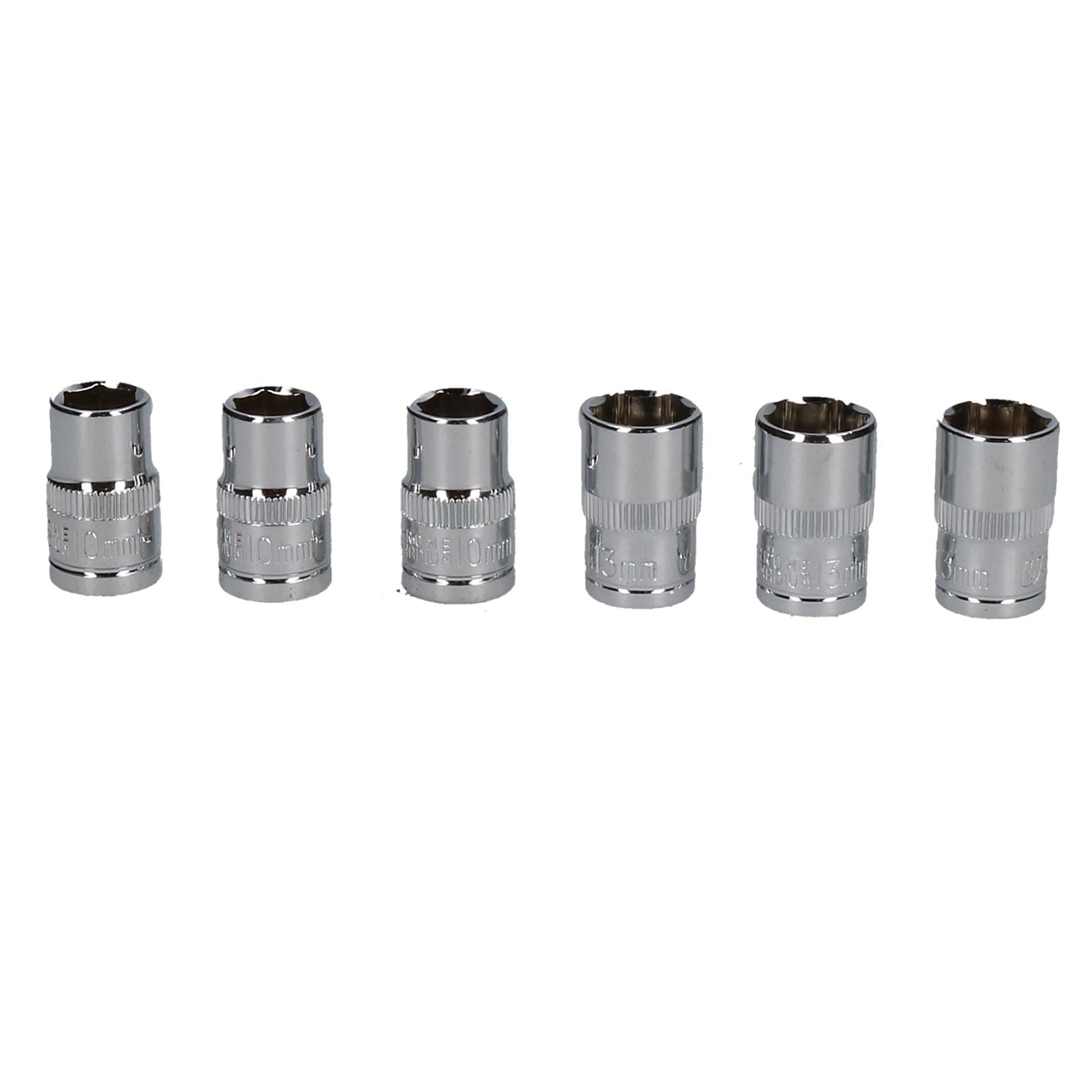 3 x 10 mm und 3 x 13 mm metrischer 3/8 Zoll-Antrieb, 6-seitiger Einzelsechskant-Steckschlüssel, flach, 6-tlg.