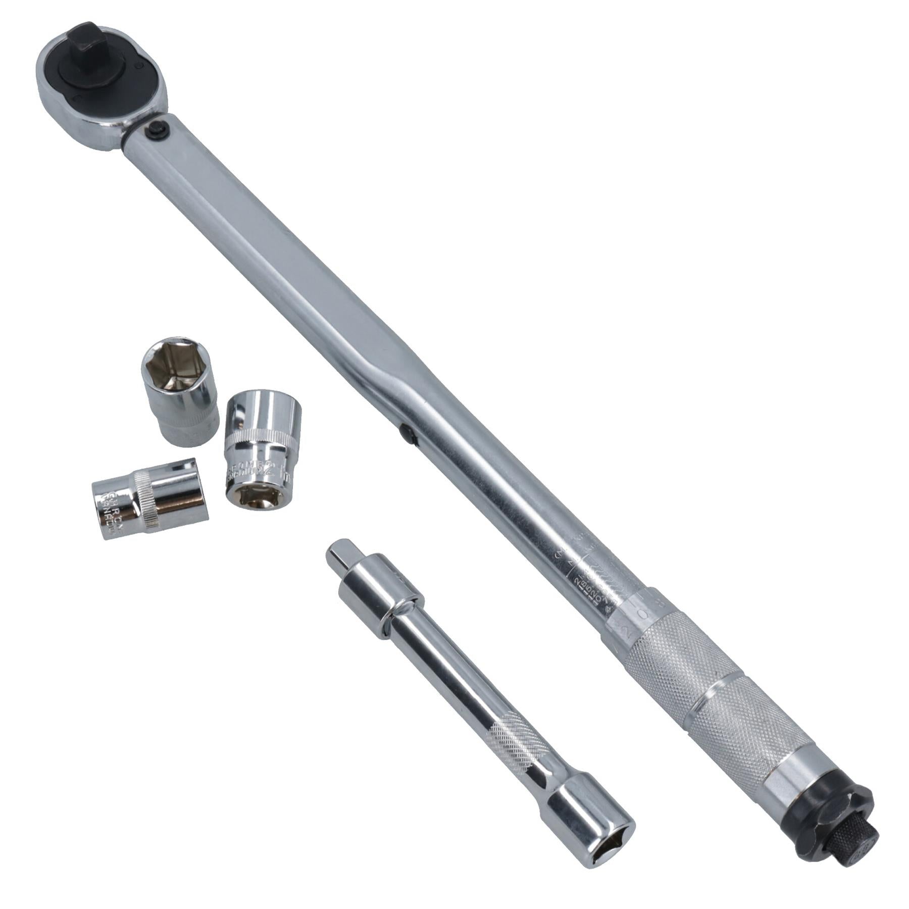 Kalibrierter Drehmomentschlüssel mit Ratsche und 1/2-Zoll-Antrieb + Zubehör 28Nm – 210Nm
