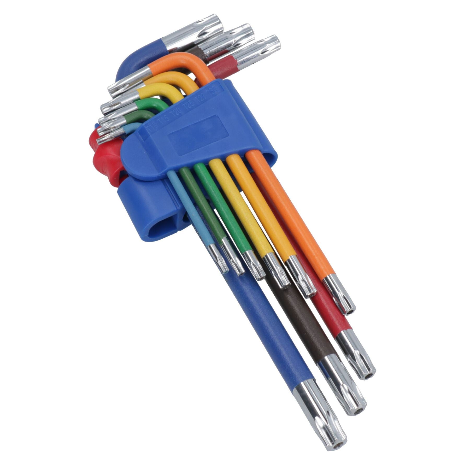 9-tlg. Torxschlüssel, lang, Stern, manipulationssicher, mehrfarbig, mit Halter, T10 – T50