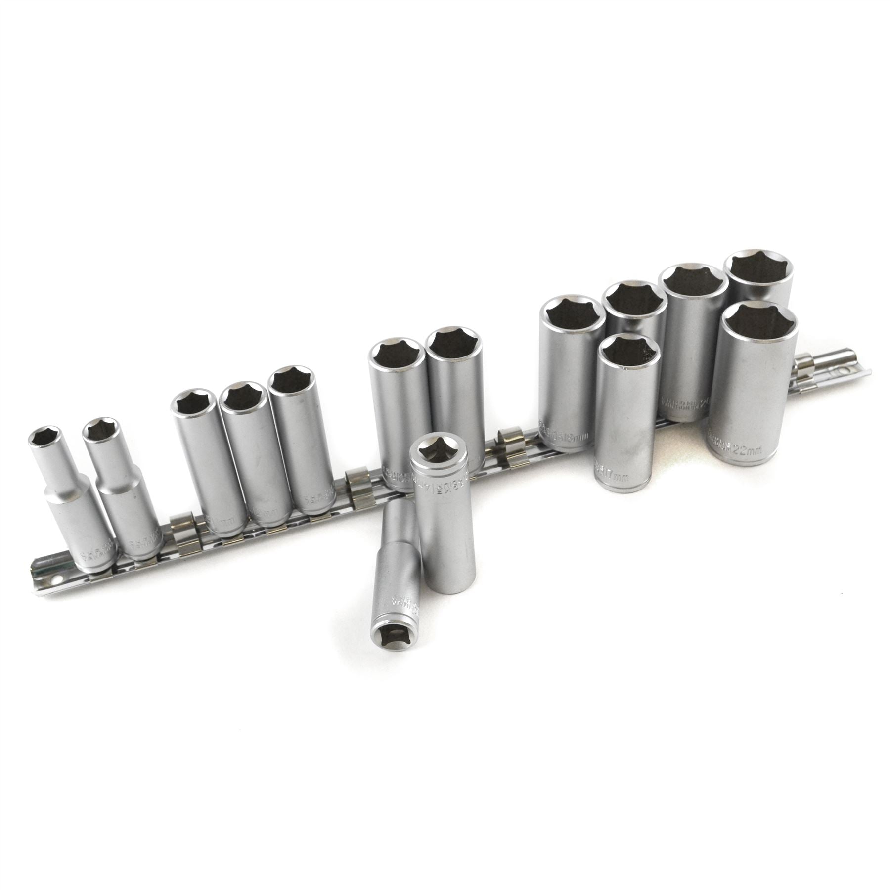 15-tlg. 3/8 Zoll CRV-Steckschlüsseleinsätze mit tiefer Reichweite auf Schiene, 8–22 mm Sechskant, 6-kant, metrisch, TE917